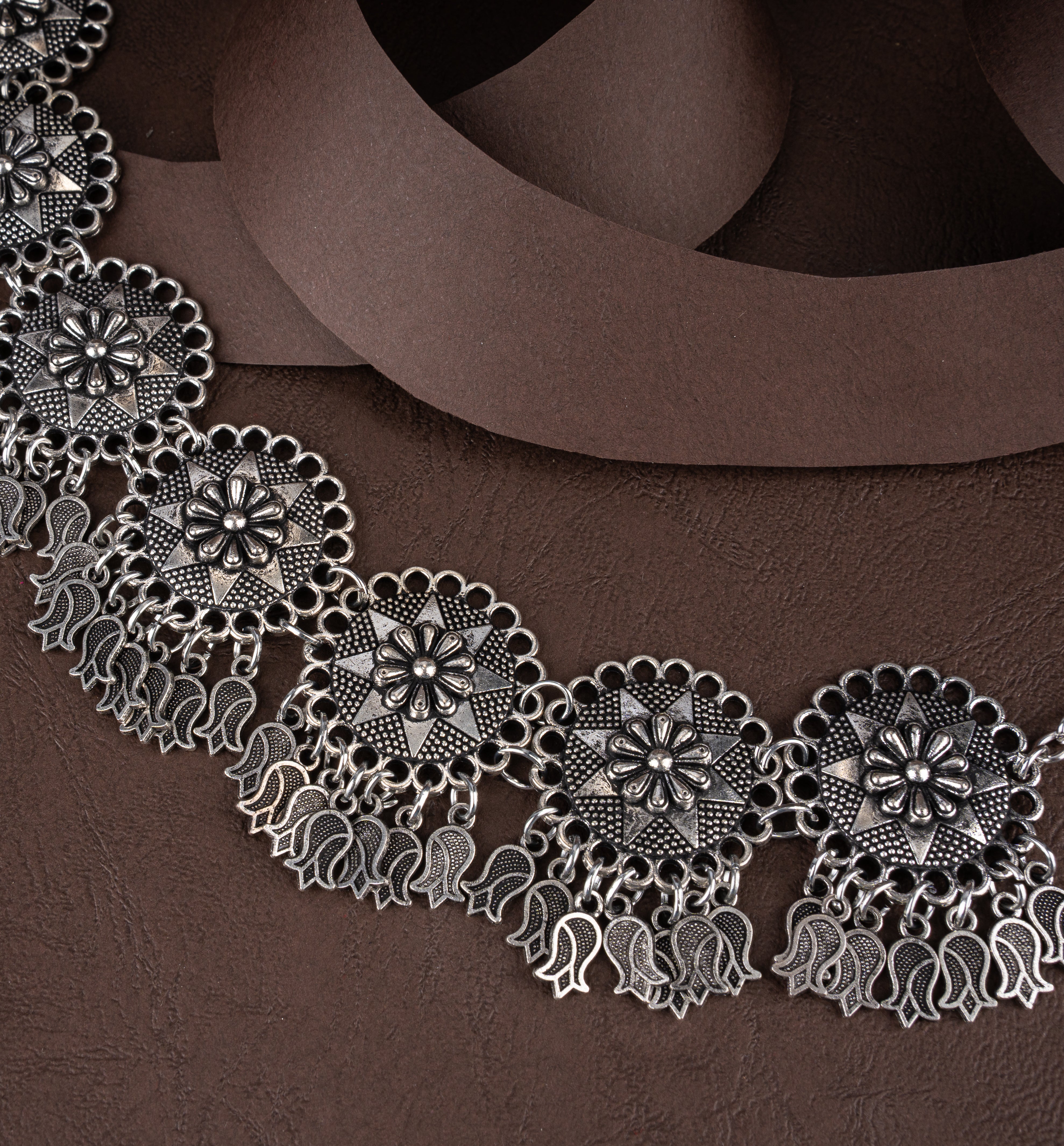 Oxidised Silver Floral Mandala Collar Choker Necklace Set with Tulip Charms