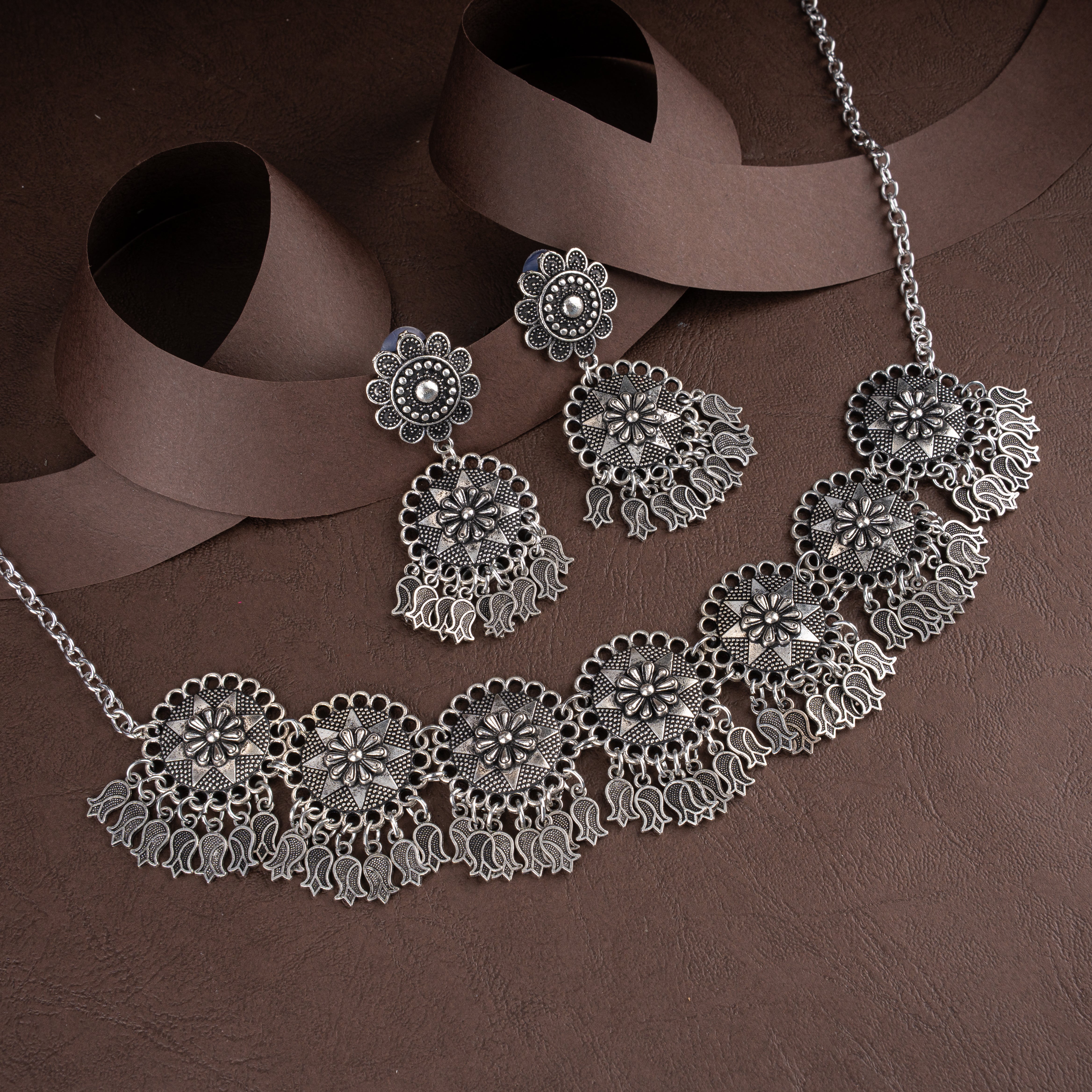 Oxidised Silver Floral Mandala Collar Choker Necklace Set with Tulip Charms