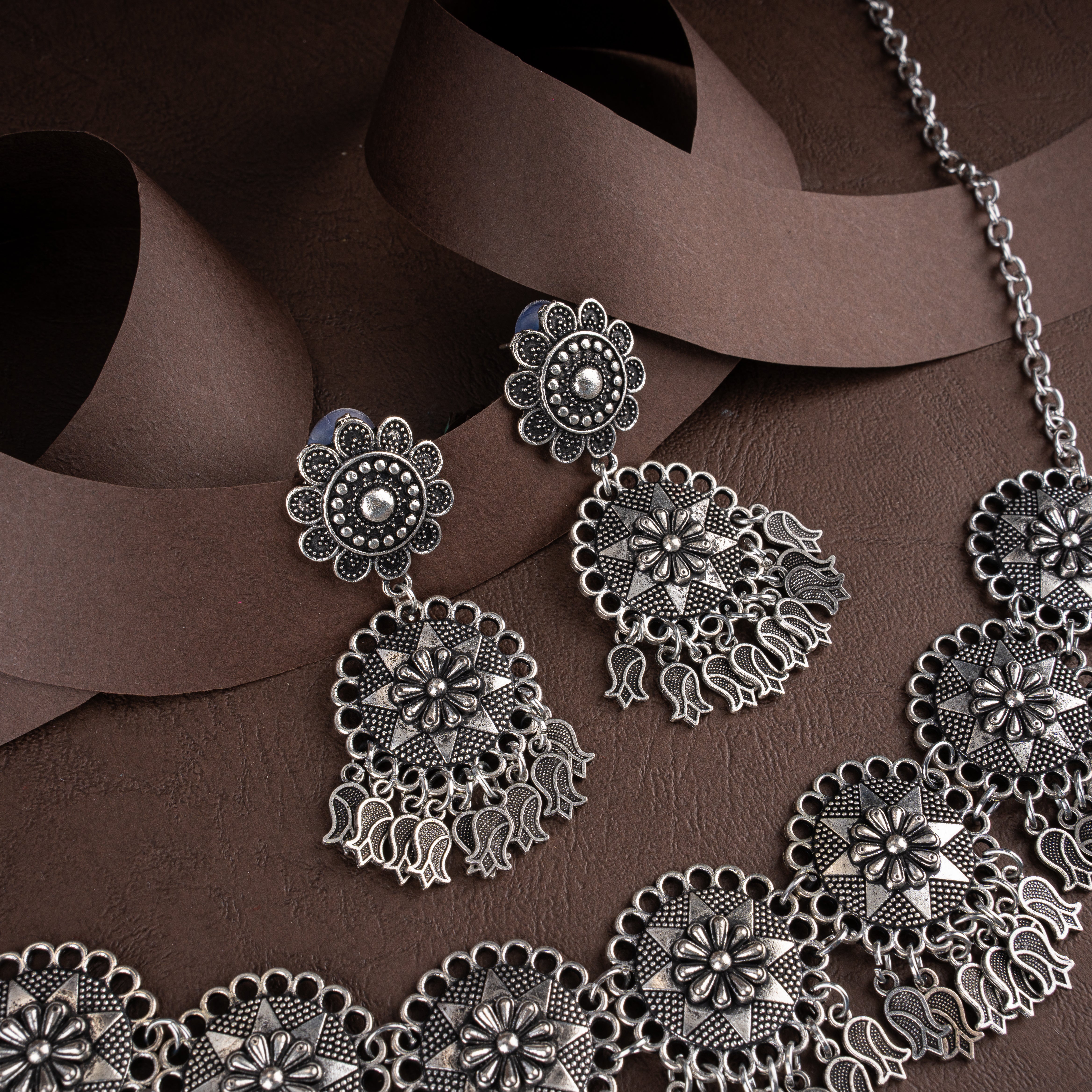 Oxidised Silver Floral Mandala Collar Choker Necklace Set with Tulip Charms