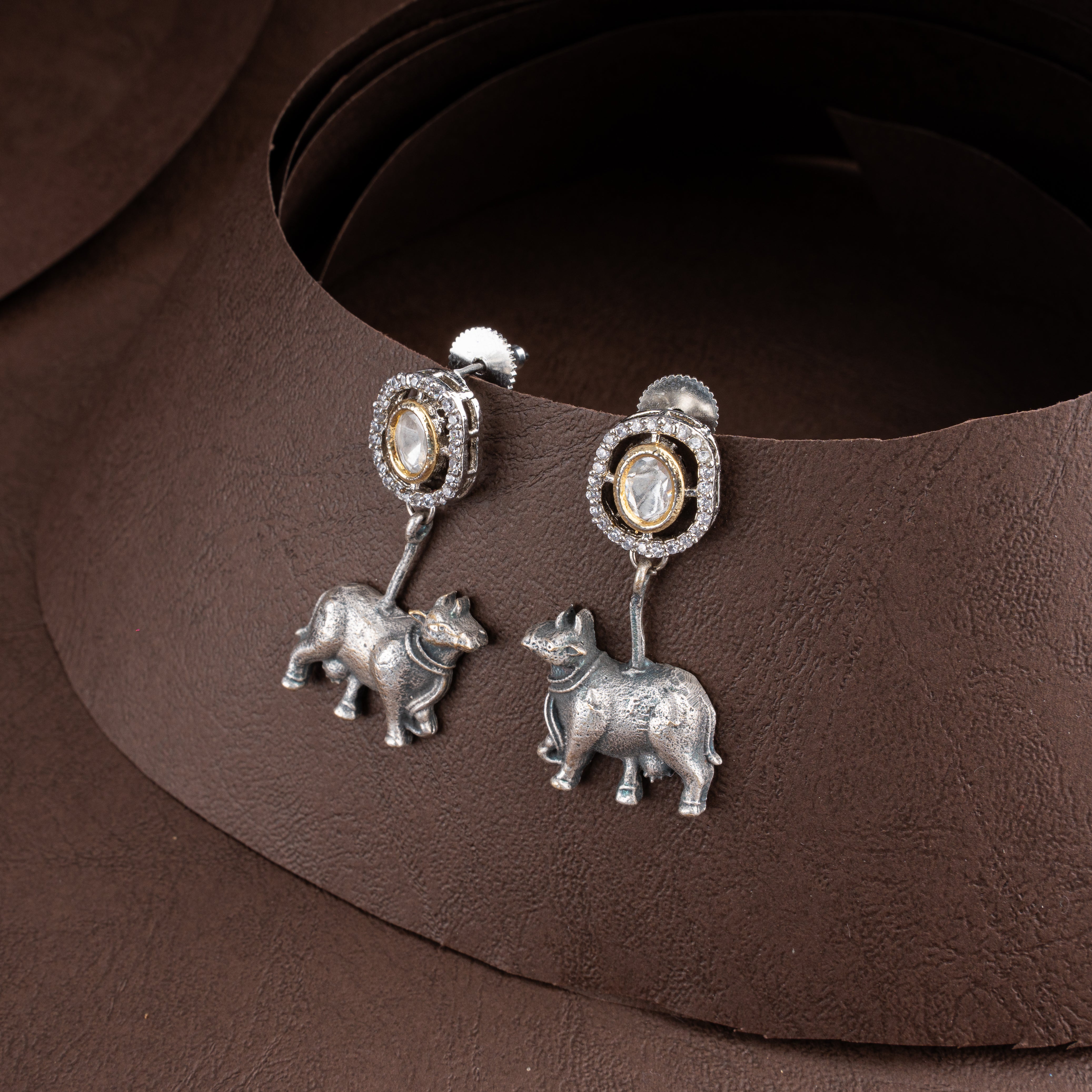 Oxidised Sacred Nandi Cow Motif Choker Necklace Set with Kundan Medallion and Drop Earrings