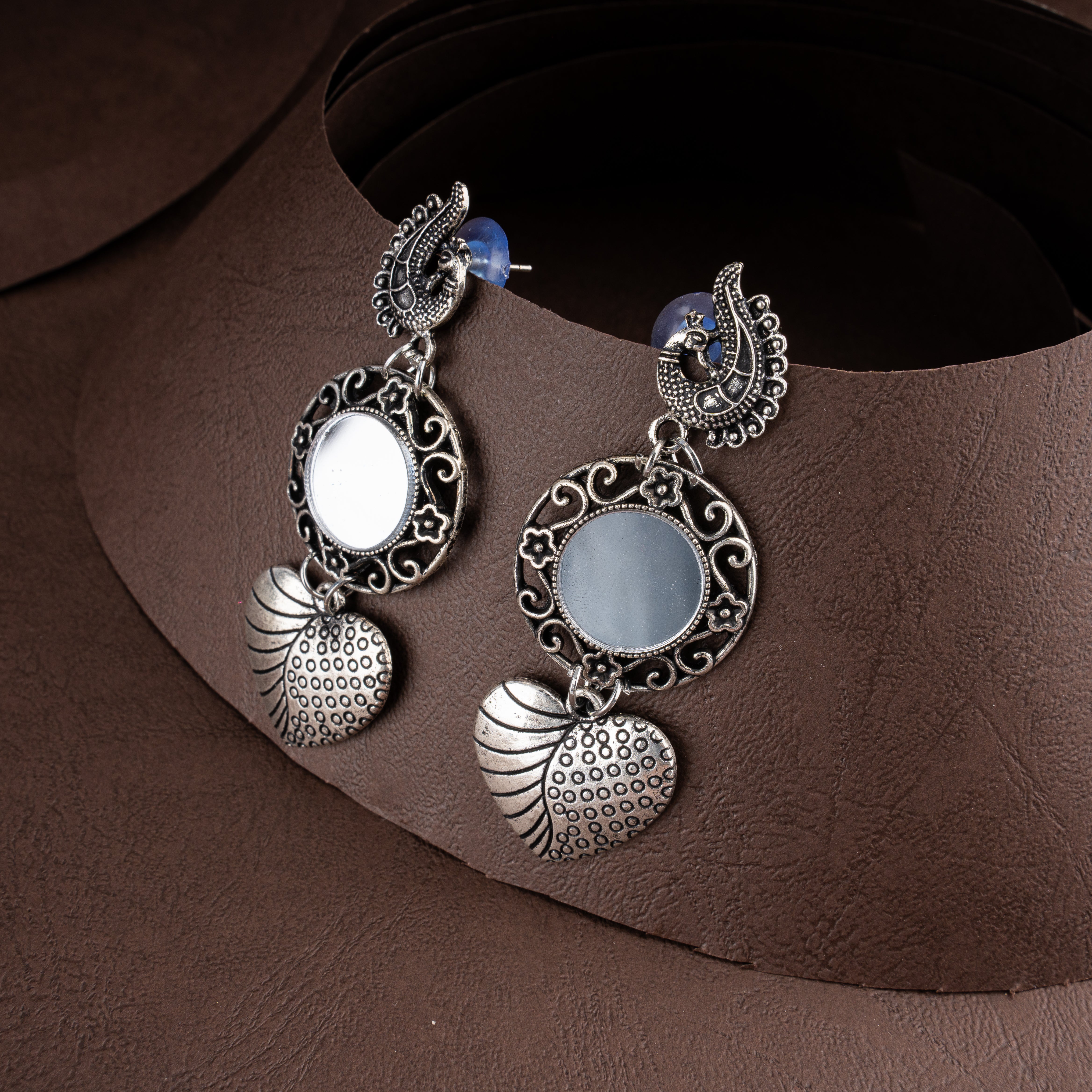 Oxidised Silver Mirror Floral Collar Necklace Set with Textured Heart Drops