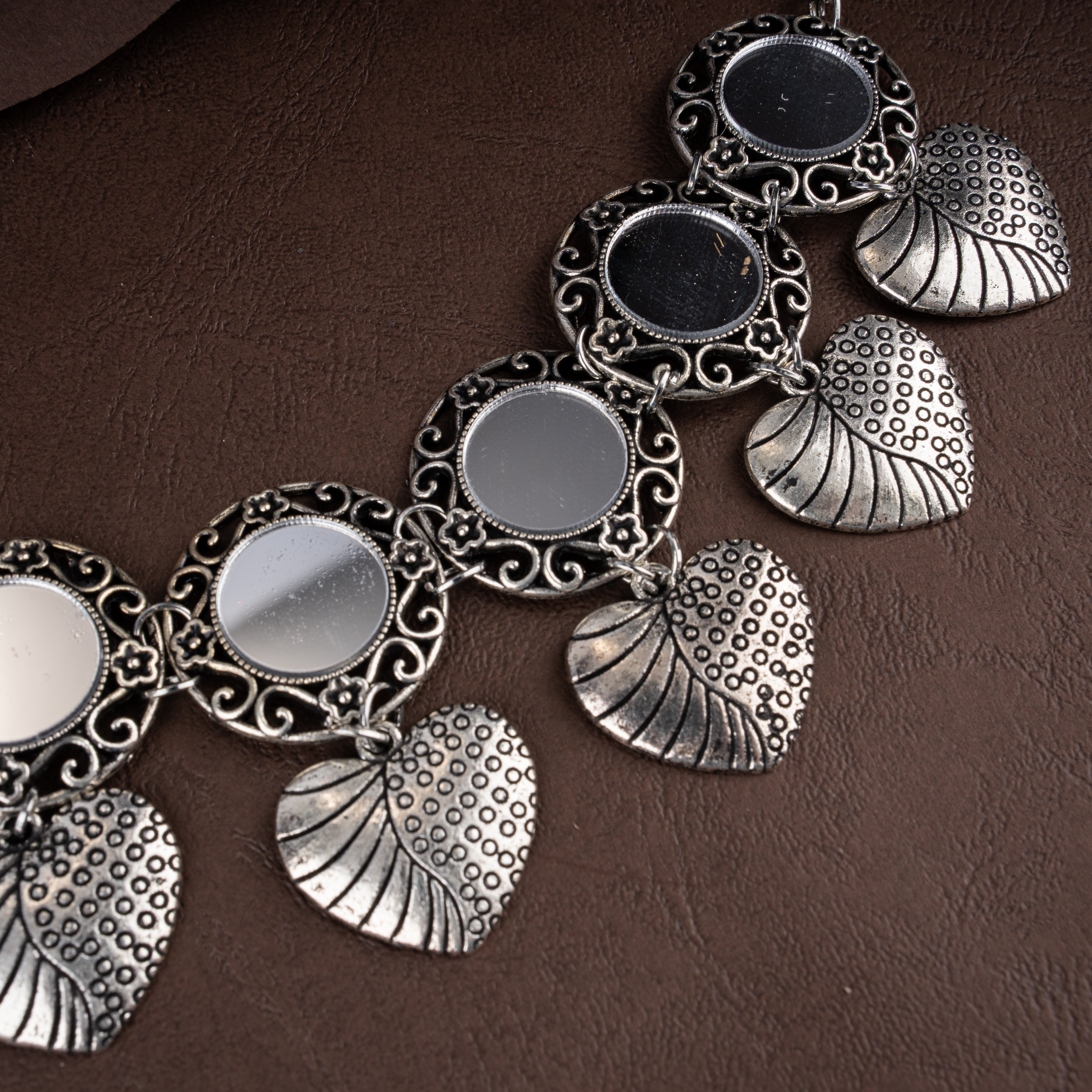Oxidised Silver Mirror Floral Collar Necklace Set with Textured Heart Drops