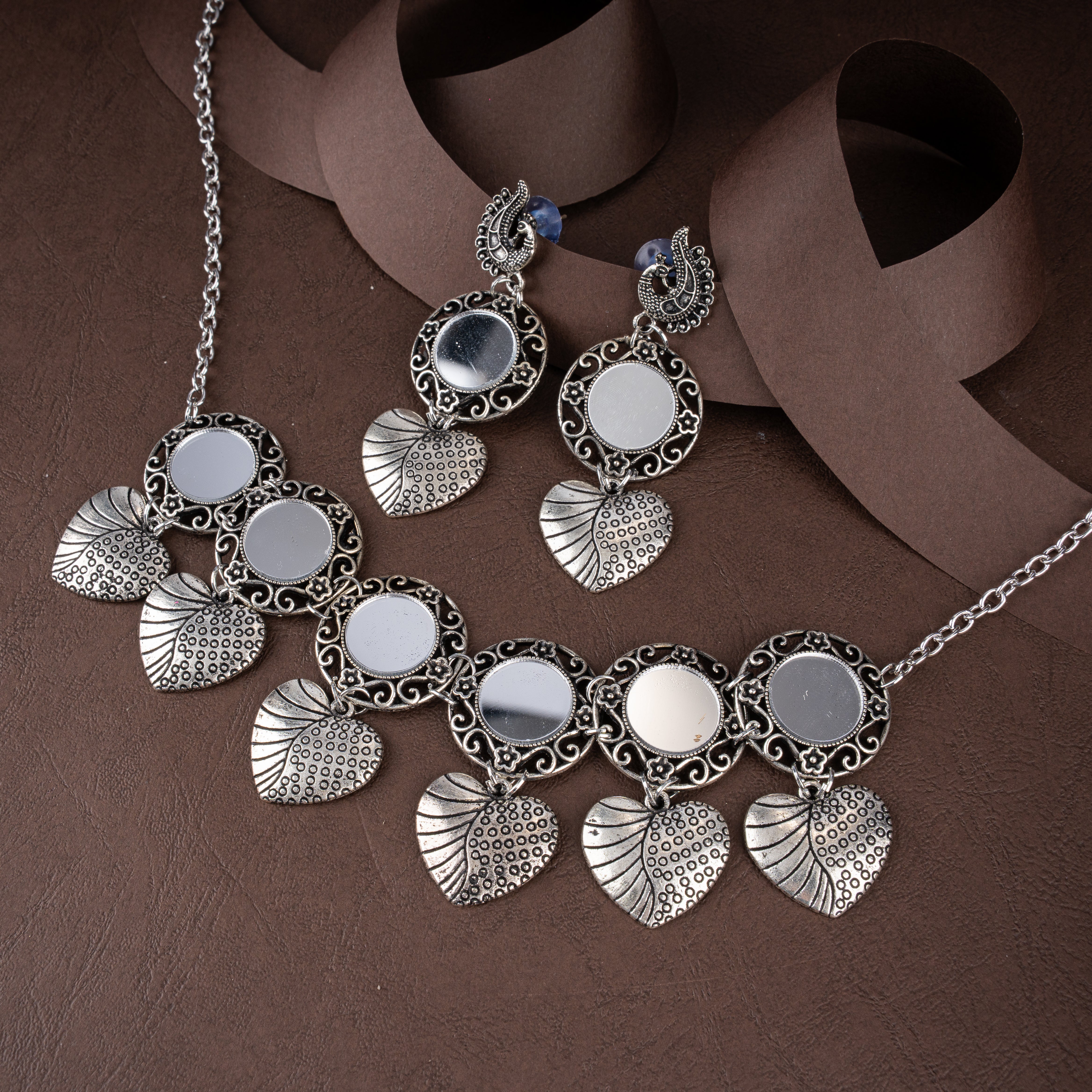 Oxidised Silver Mirror Floral Collar Necklace Set with Textured Heart Drops
