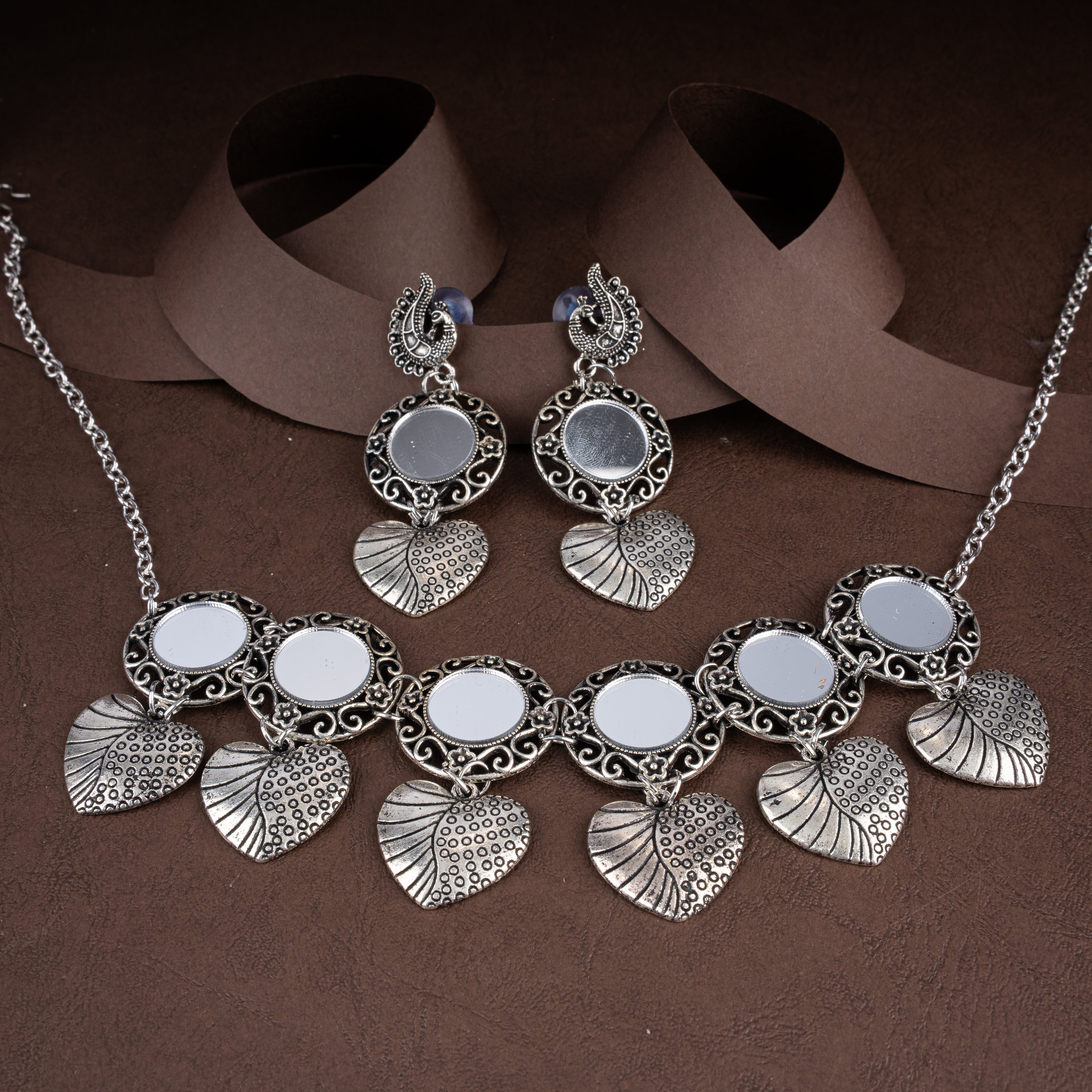 Oxidised Silver Mirror Floral Collar Necklace Set with Textured Heart Drops