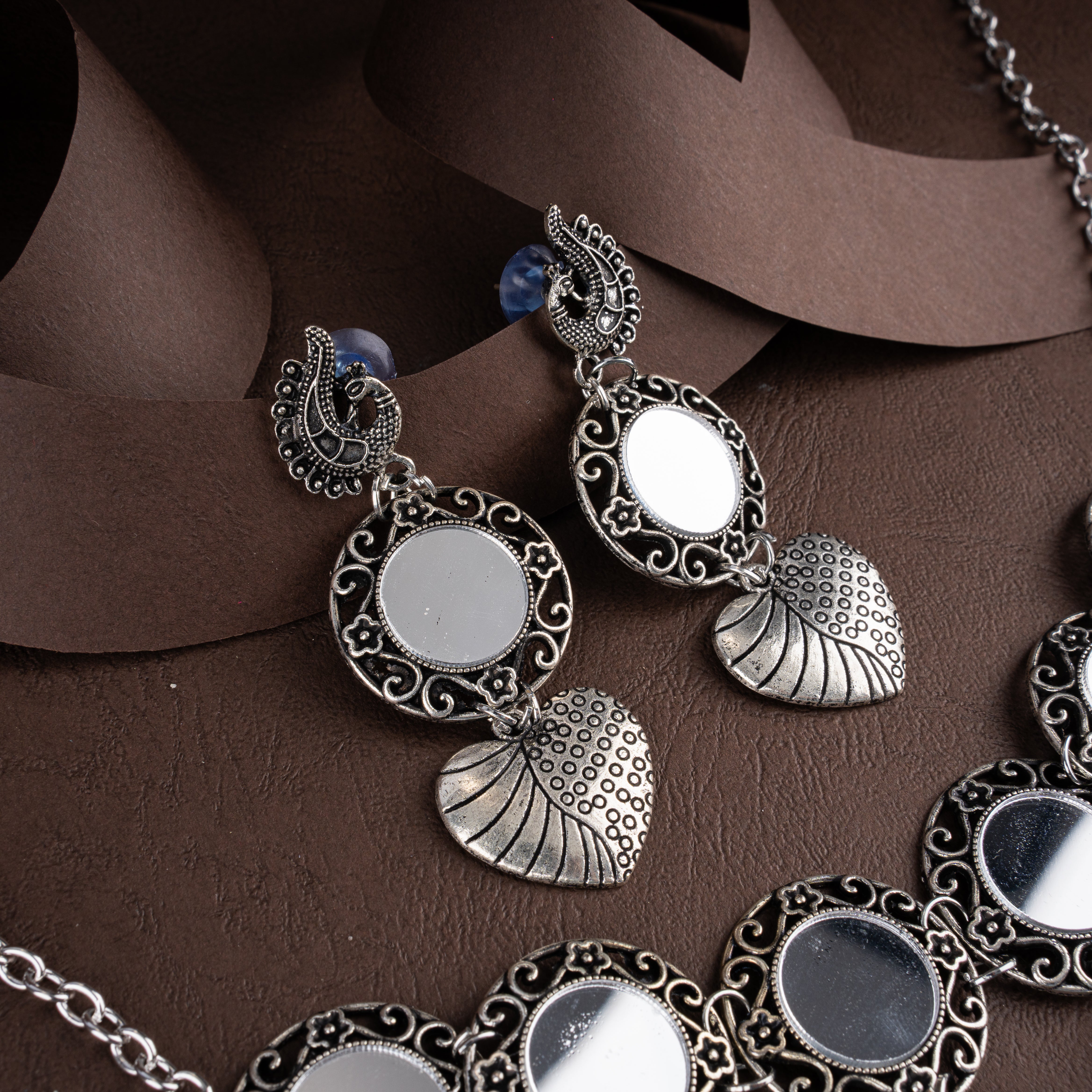Oxidised Silver Mirror Floral Collar Necklace Set with Textured Heart Drops