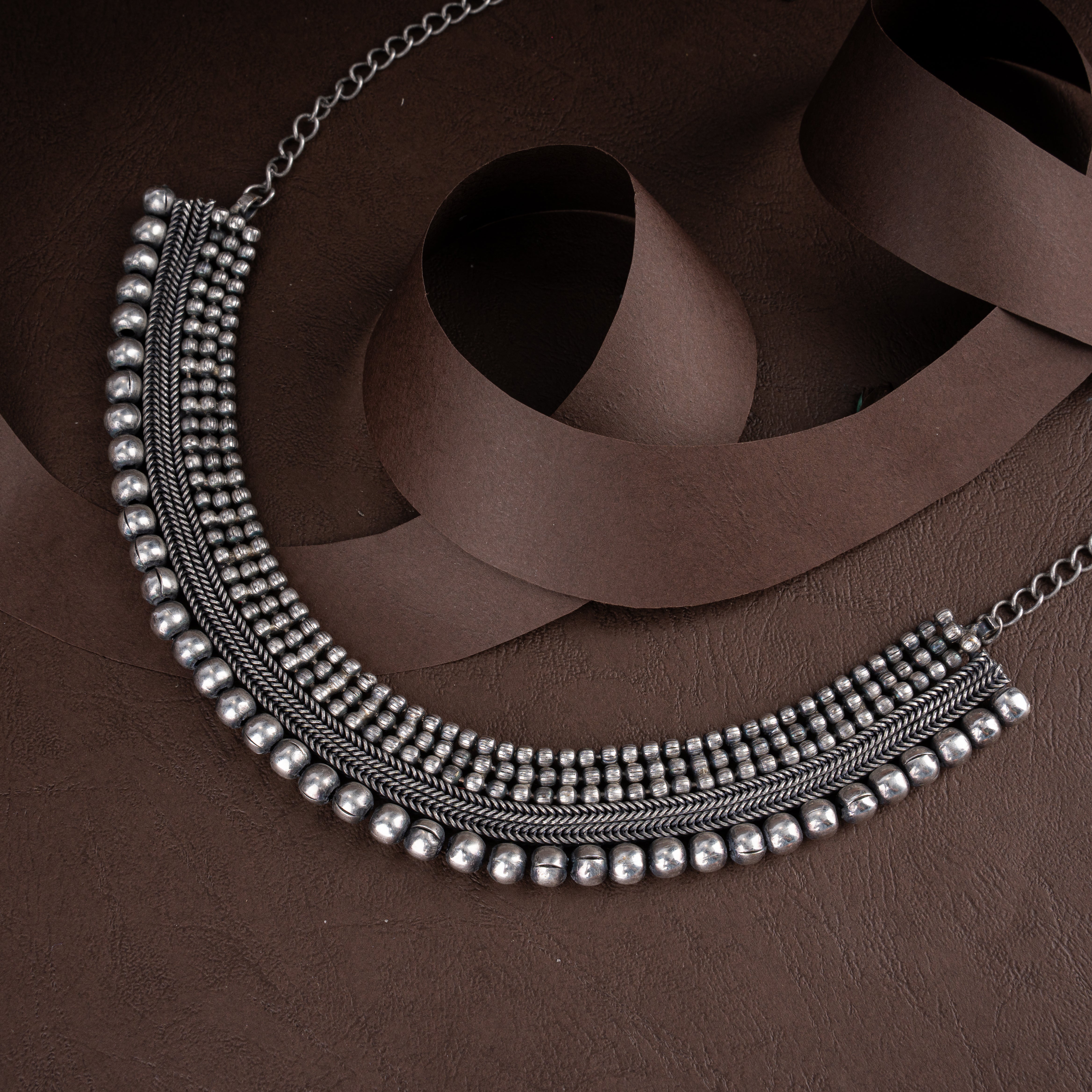 Oxidised Silver Braided Mesh Collar Choker Necklace with Metallic Bead Fringe