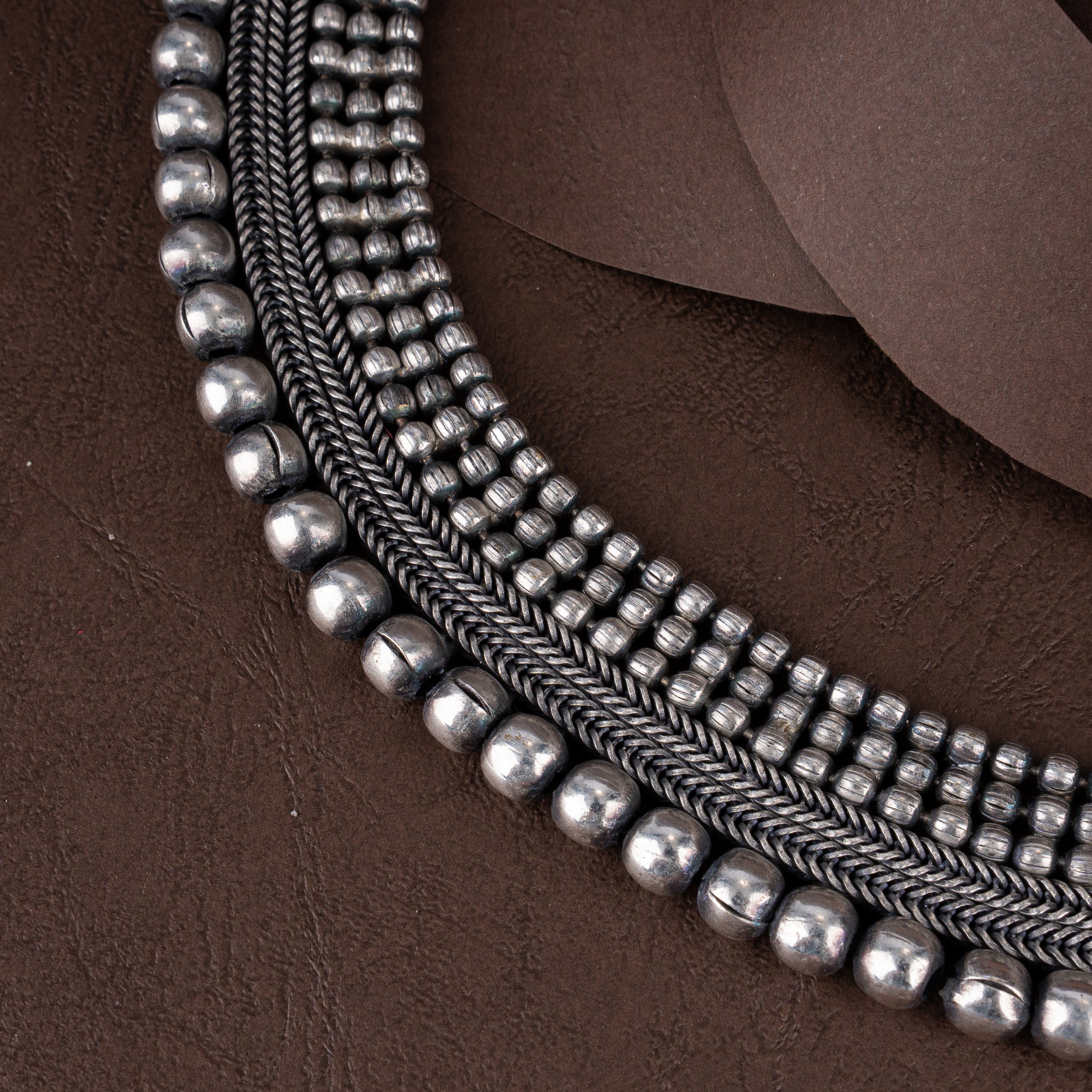 Oxidised Silver Braided Mesh Collar Choker Necklace with Metallic Bead Fringe