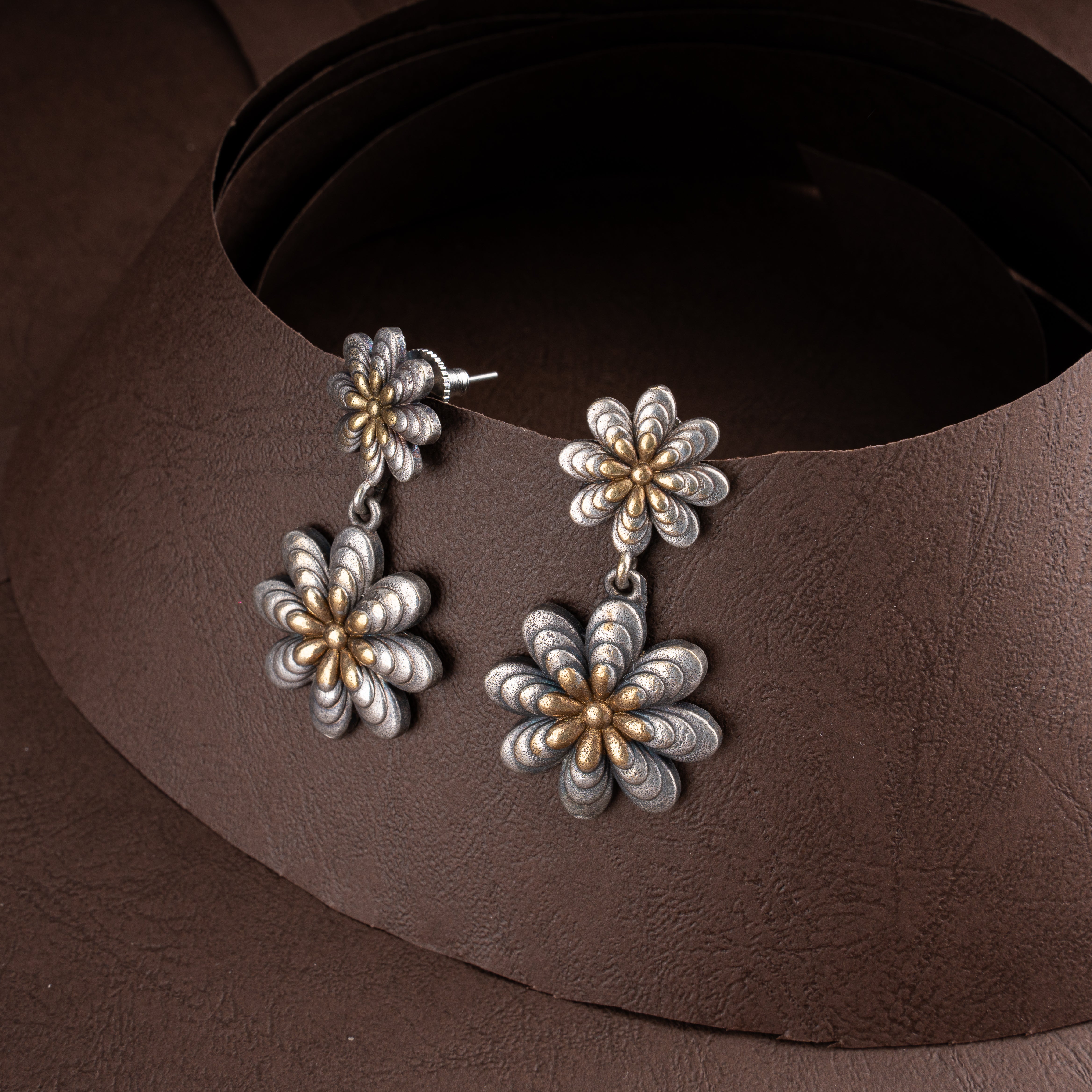 Dual-Tone Oxidised Silver Floral Bloom Crescent Hasli Necklace Set with Drop Earrings