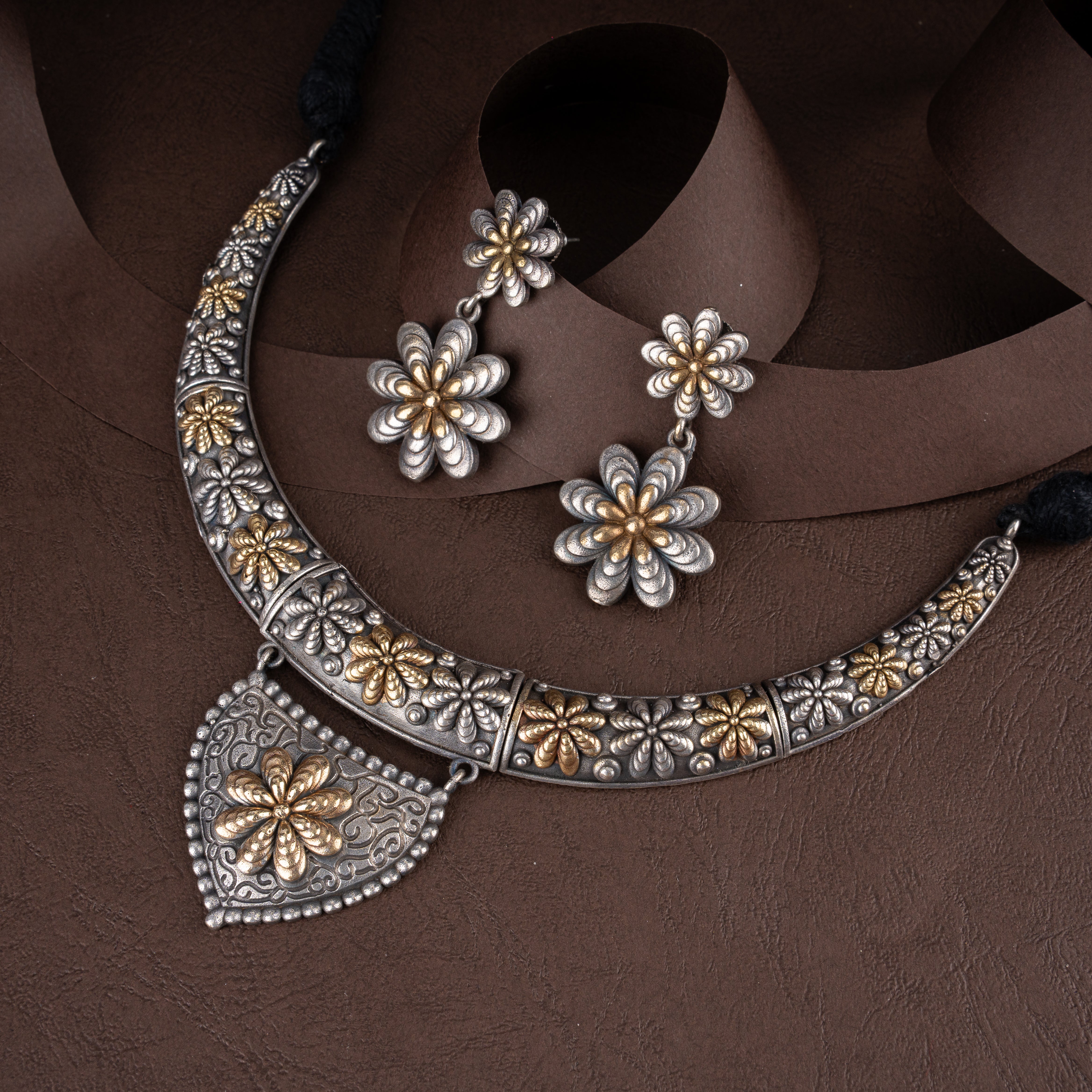 Dual-Tone Oxidised Silver Floral Bloom Crescent Hasli Necklace Set with Drop Earrings