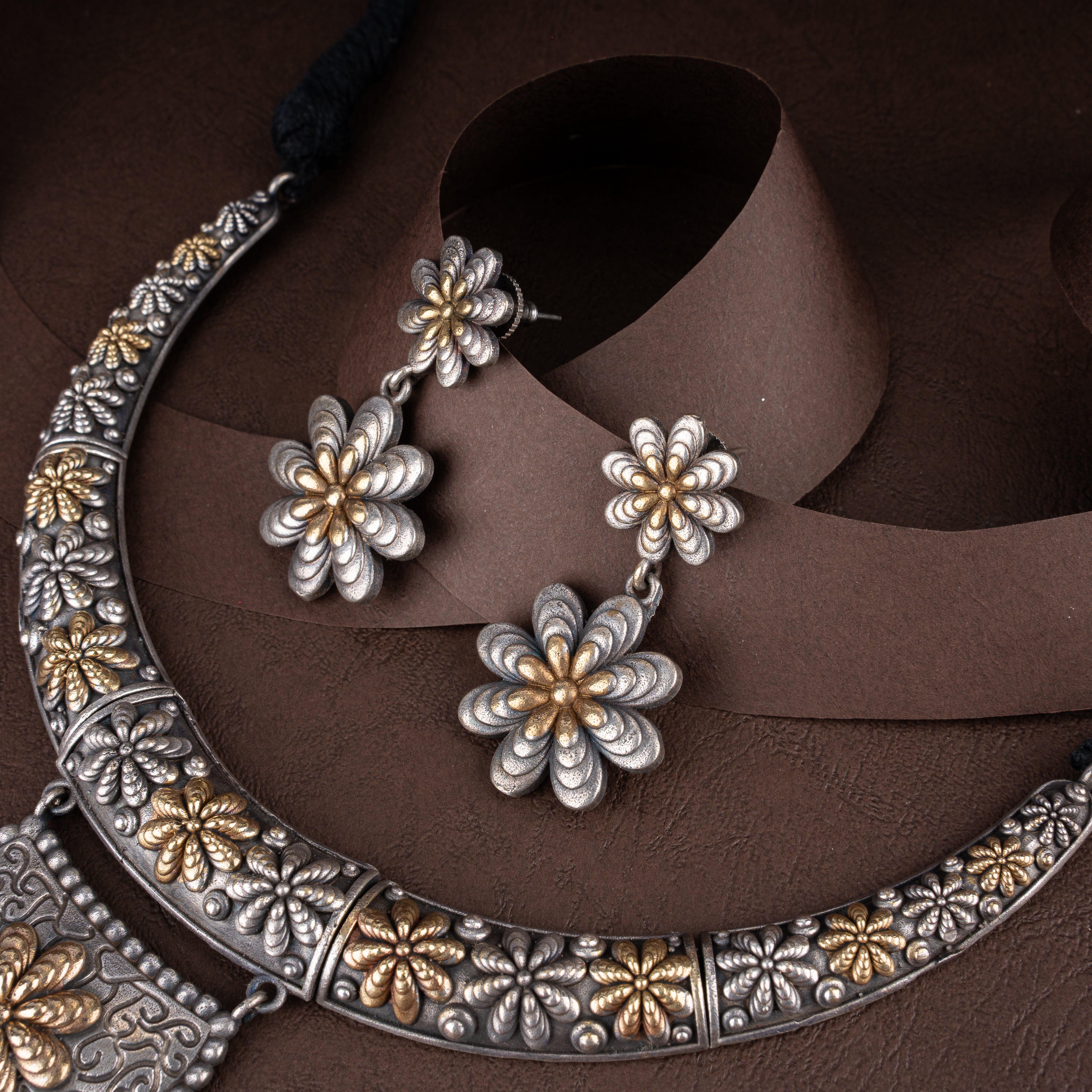 Dual-Tone Oxidised Silver Floral Bloom Crescent Hasli Necklace Set with Drop Earrings