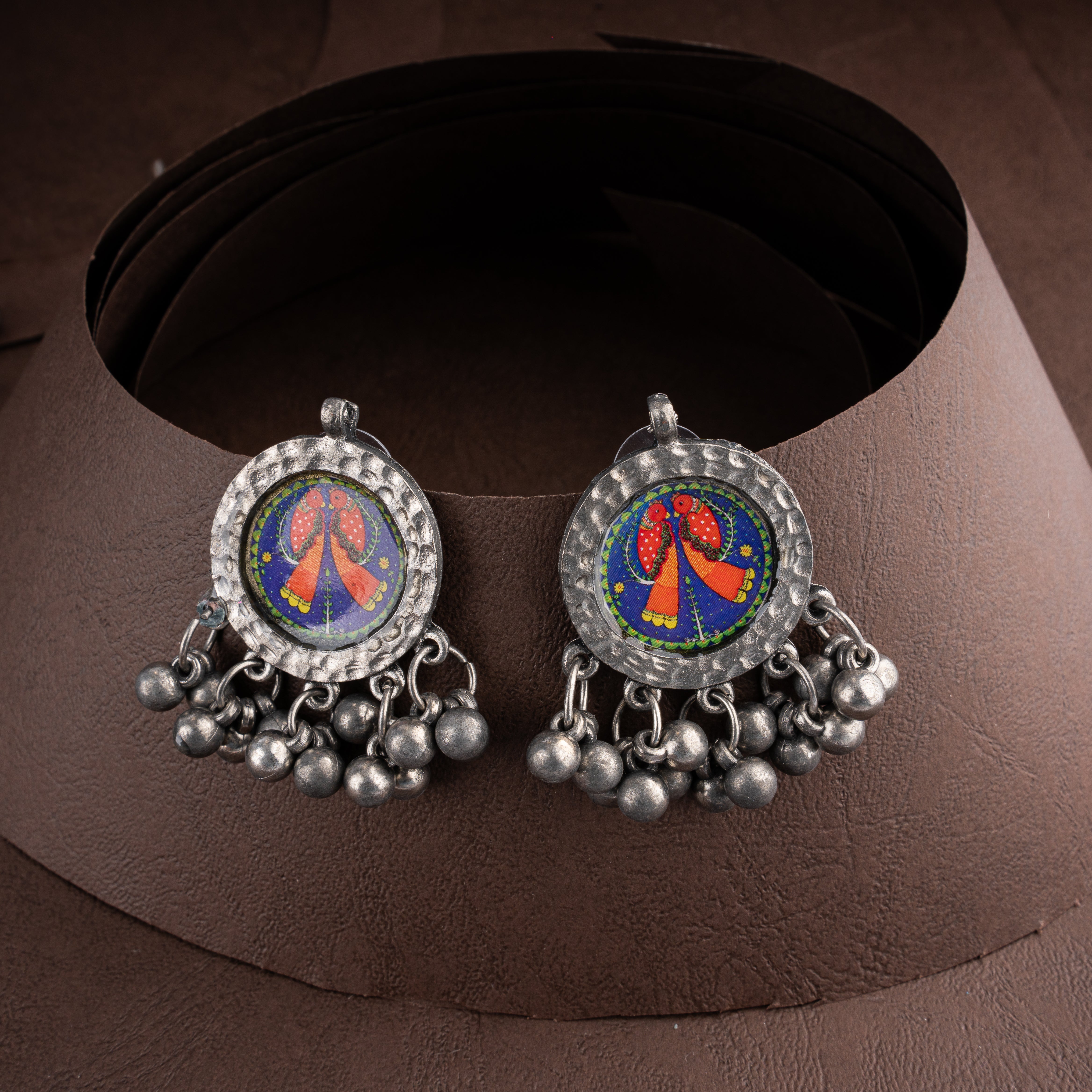 Oxidised Silver Hand-Painted Bird Medallion Necklace Set with Ghungroo Charms