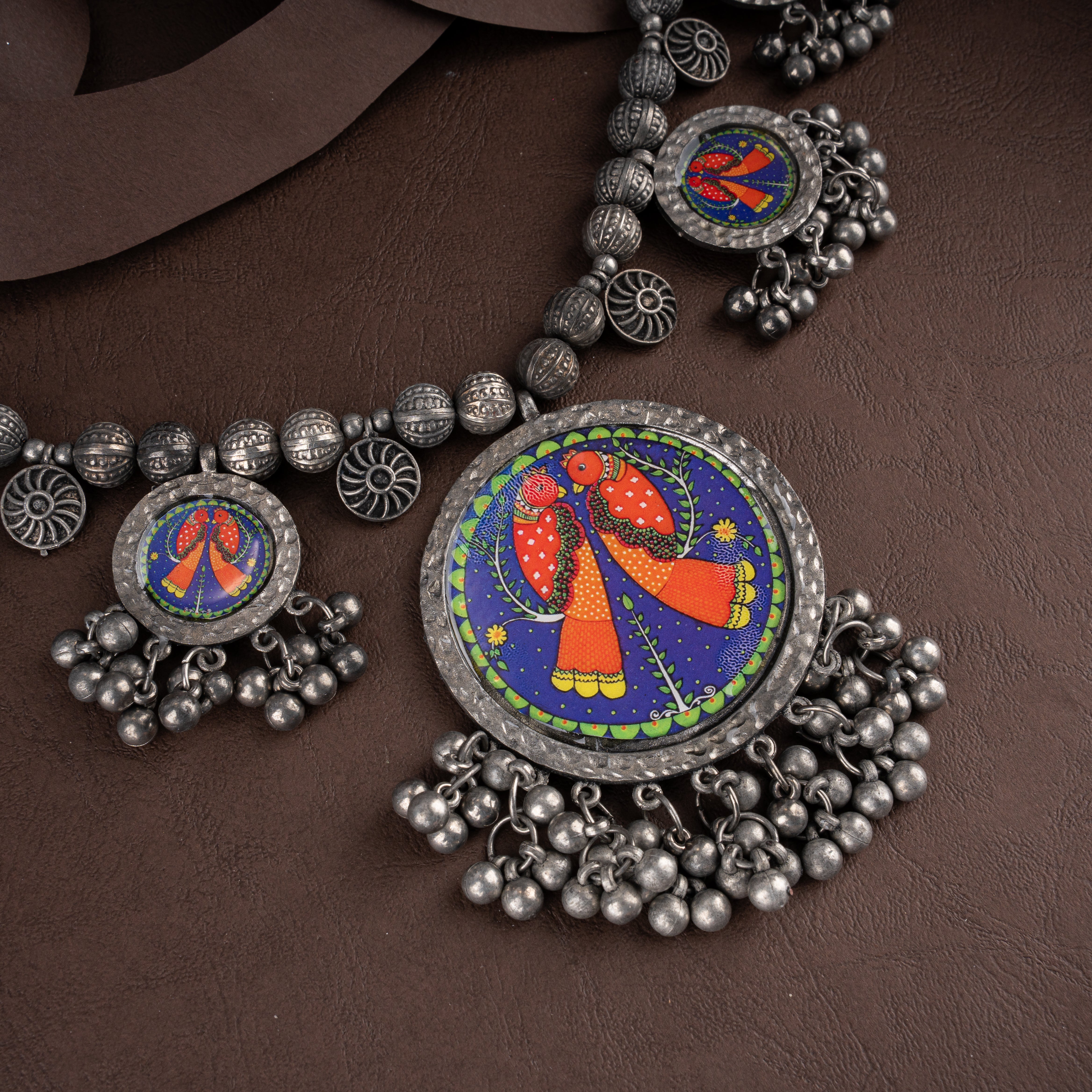 Oxidised Silver Hand-Painted Bird Medallion Necklace Set with Ghungroo Charms