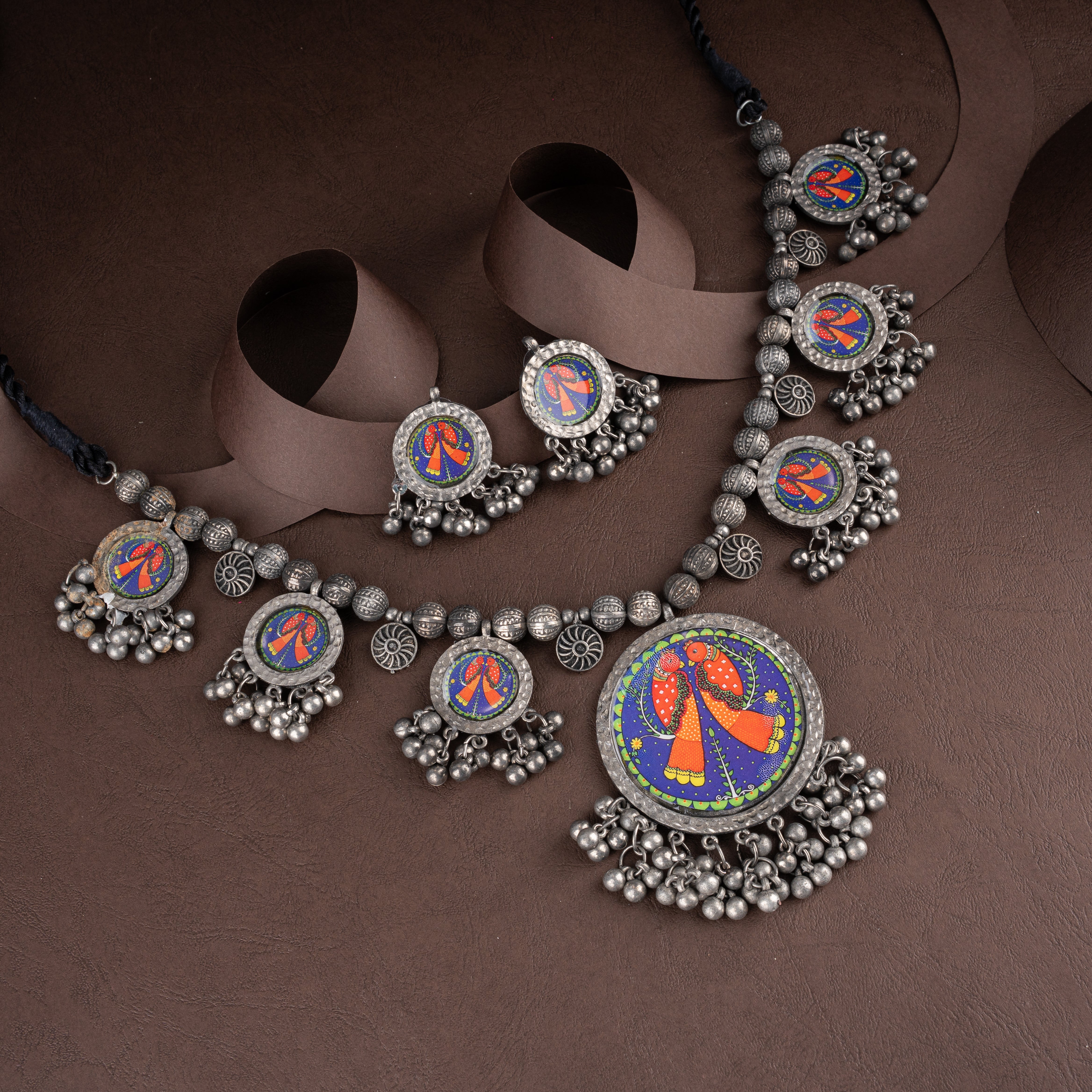 Oxidised Silver Hand-Painted Bird Medallion Necklace Set with Ghungroo Charms