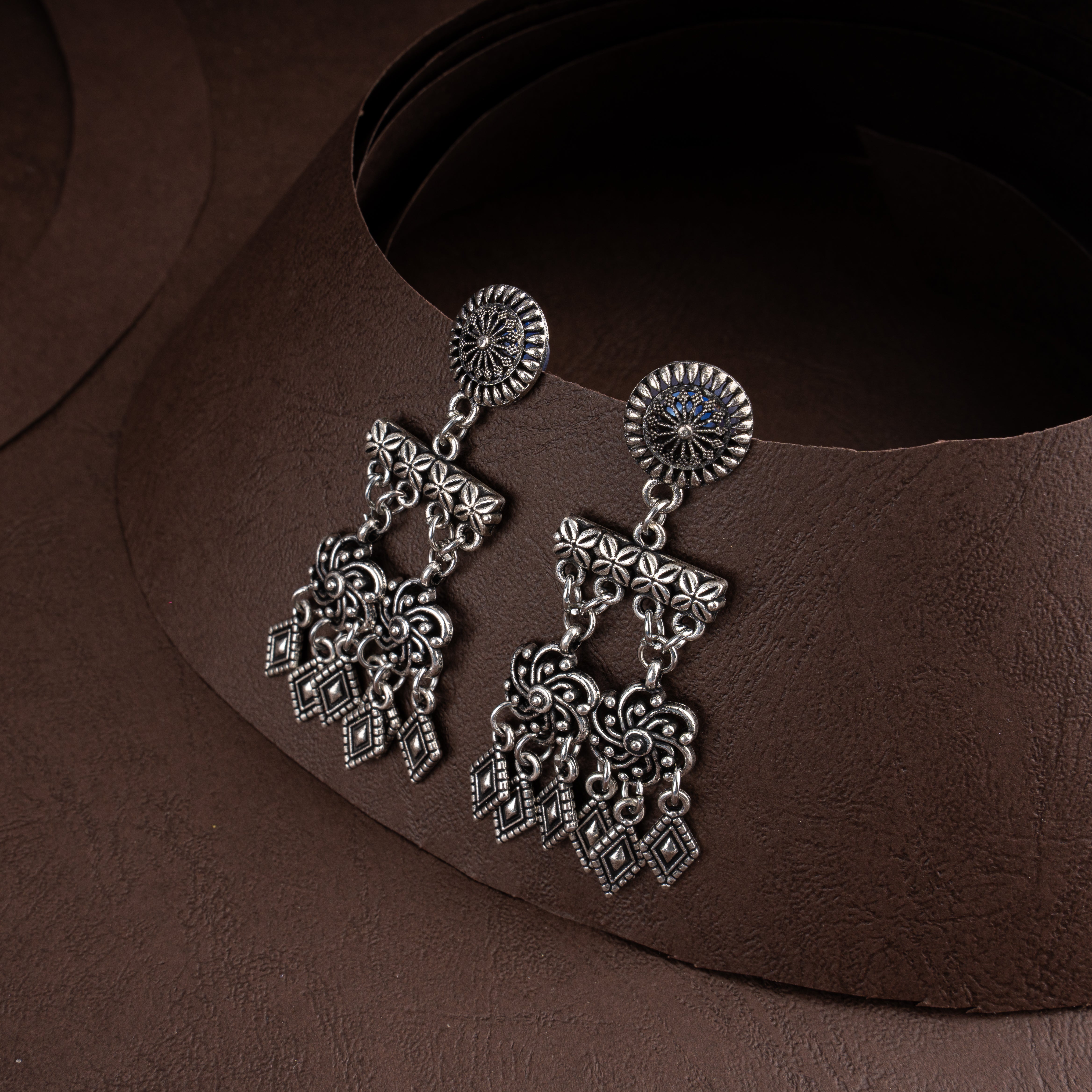 Oxidised Silver Geometric Diamond Tassel Choker Necklace Set with Drop Earrings