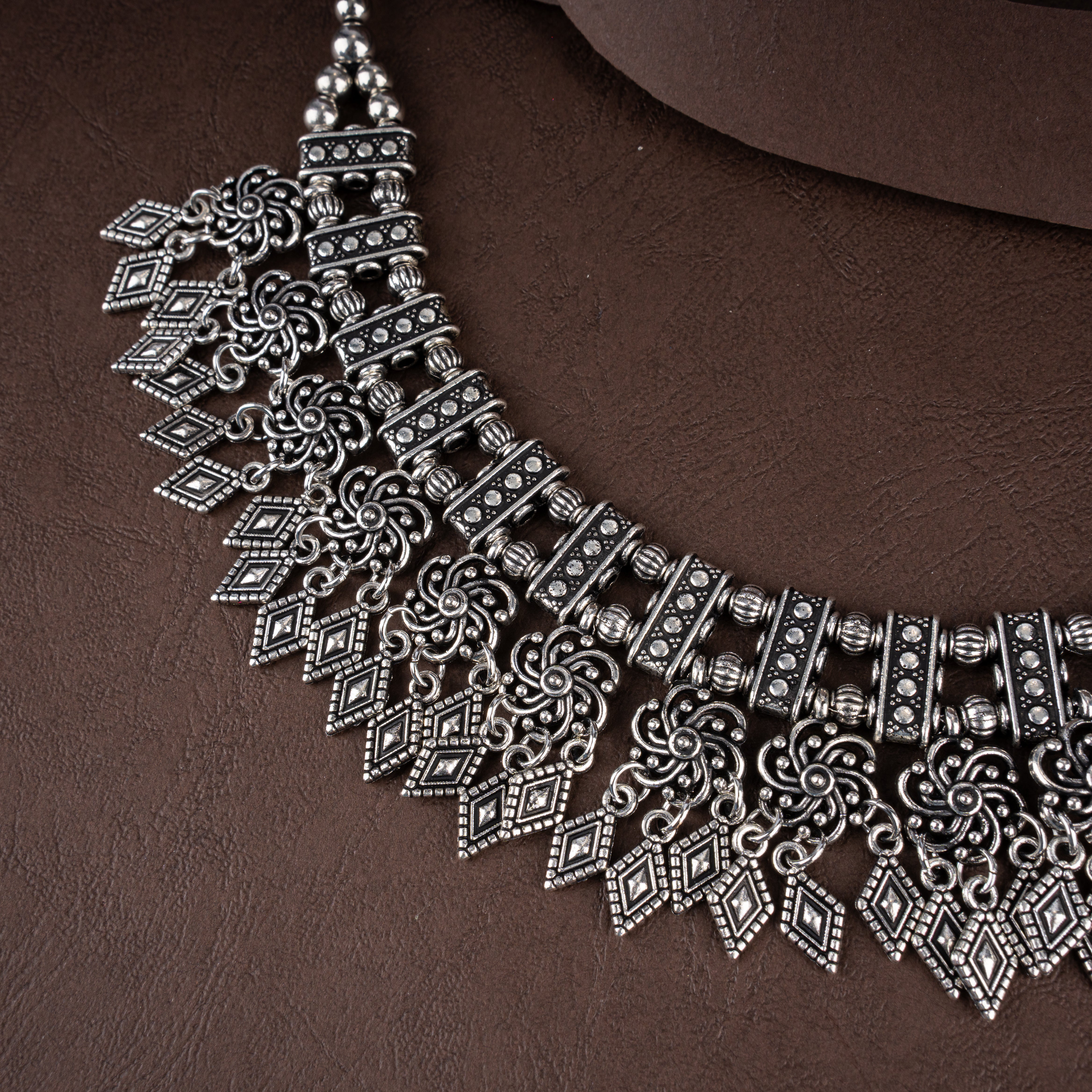 Oxidised Silver Geometric Diamond Tassel Choker Necklace Set with Drop Earrings