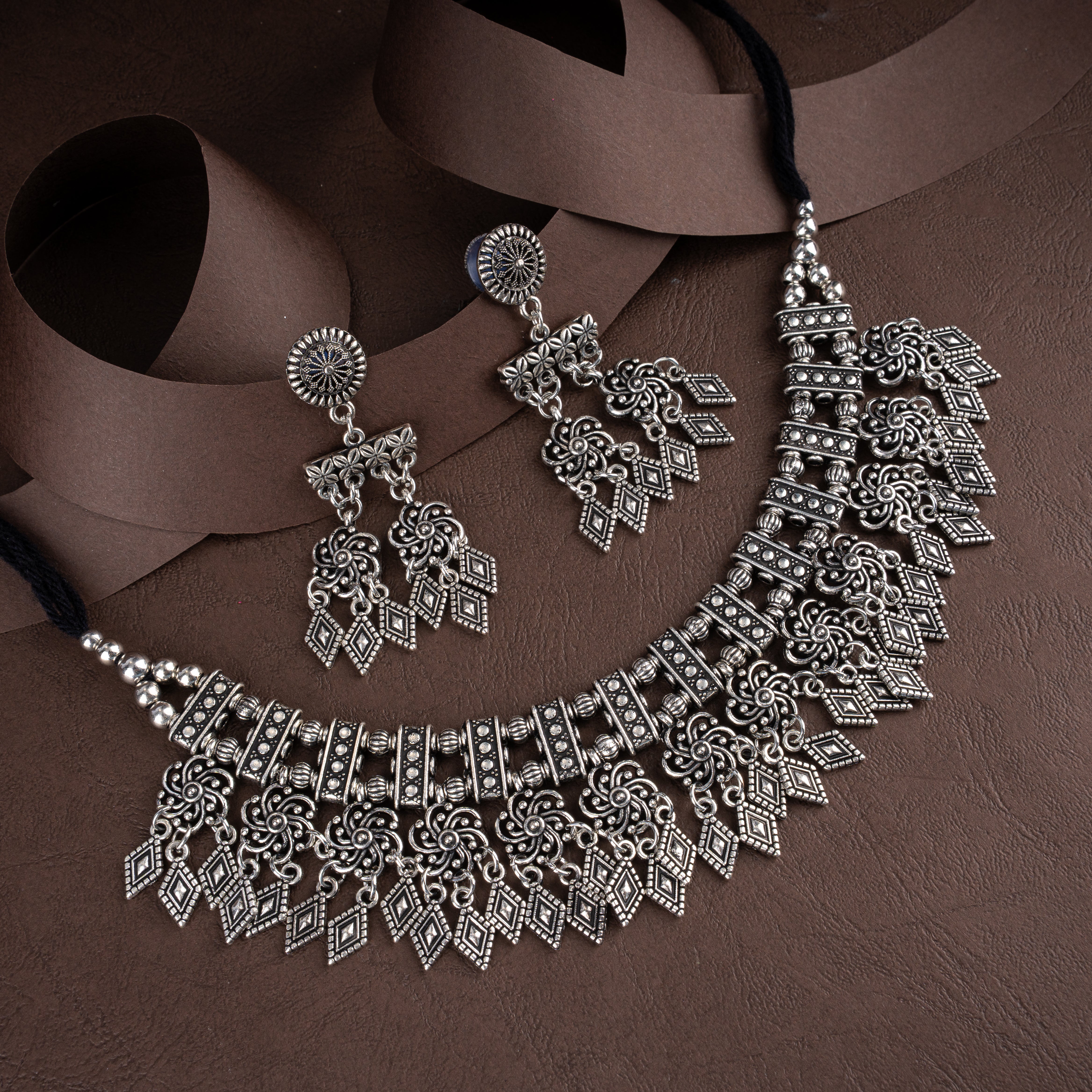 Oxidised Silver Geometric Diamond Tassel Choker Necklace Set with Drop Earrings
