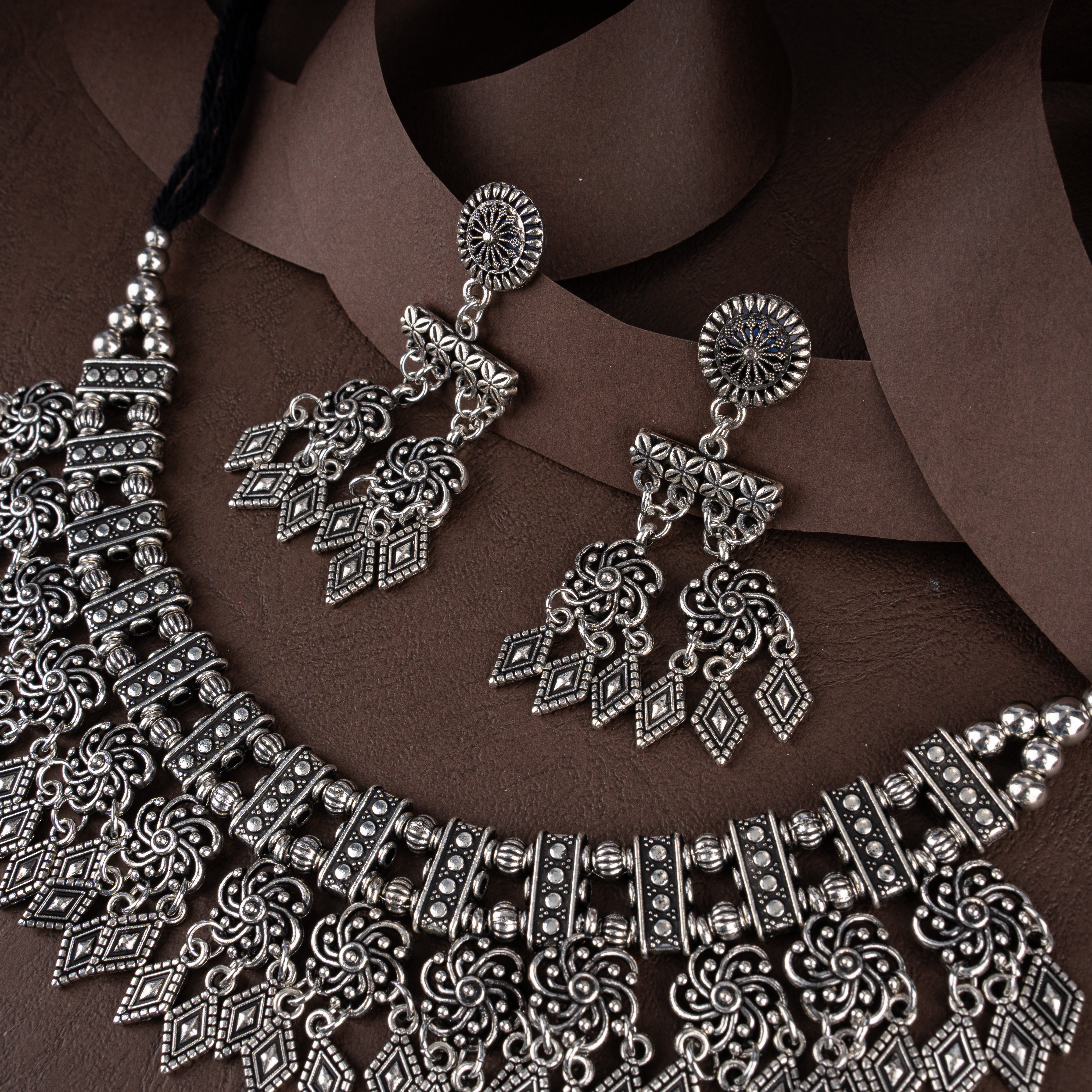 Oxidised Silver Geometric Diamond Tassel Choker Necklace Set with Drop Earrings