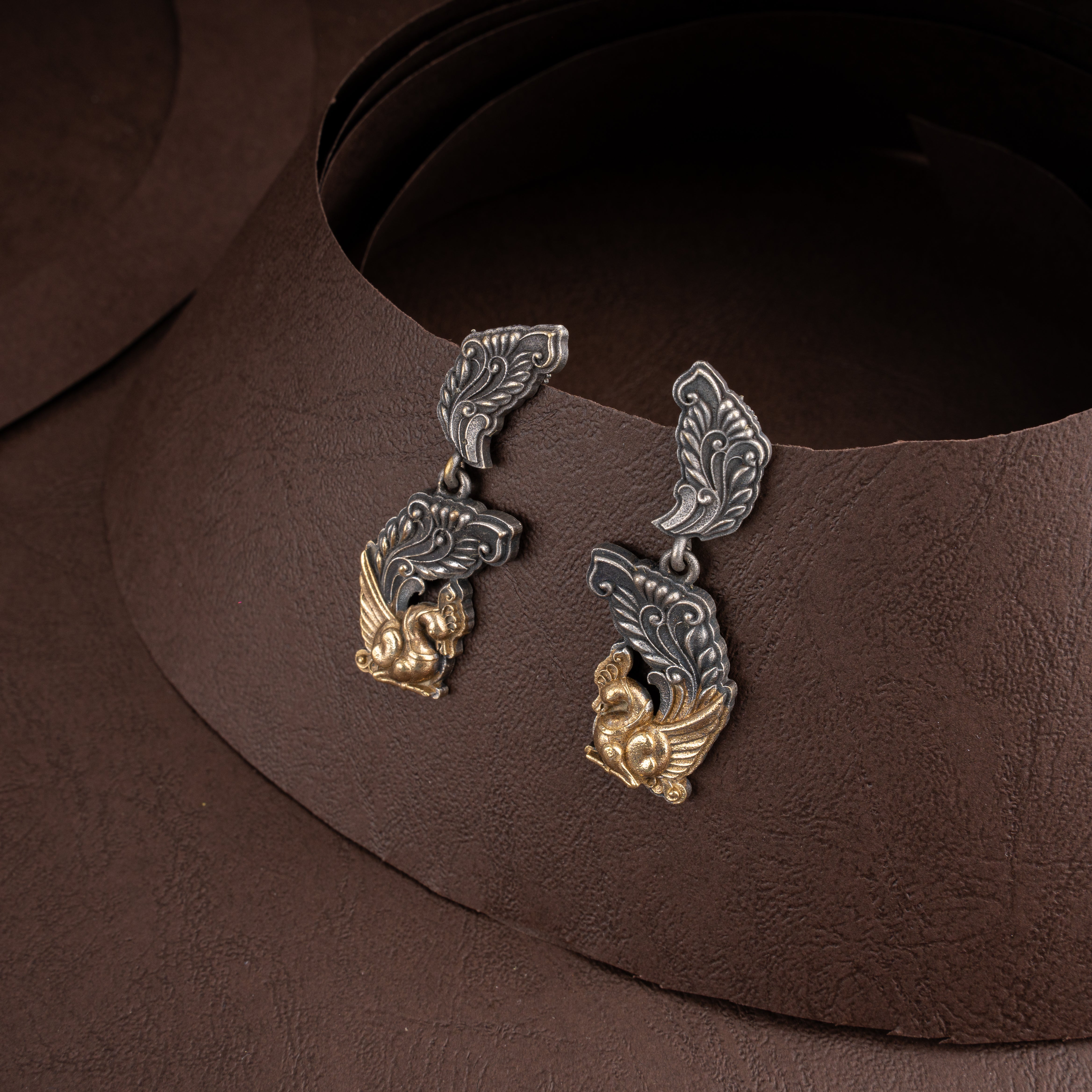 Royal Mayura Carved Crescent Hasli Necklace Set with Drop Earrings