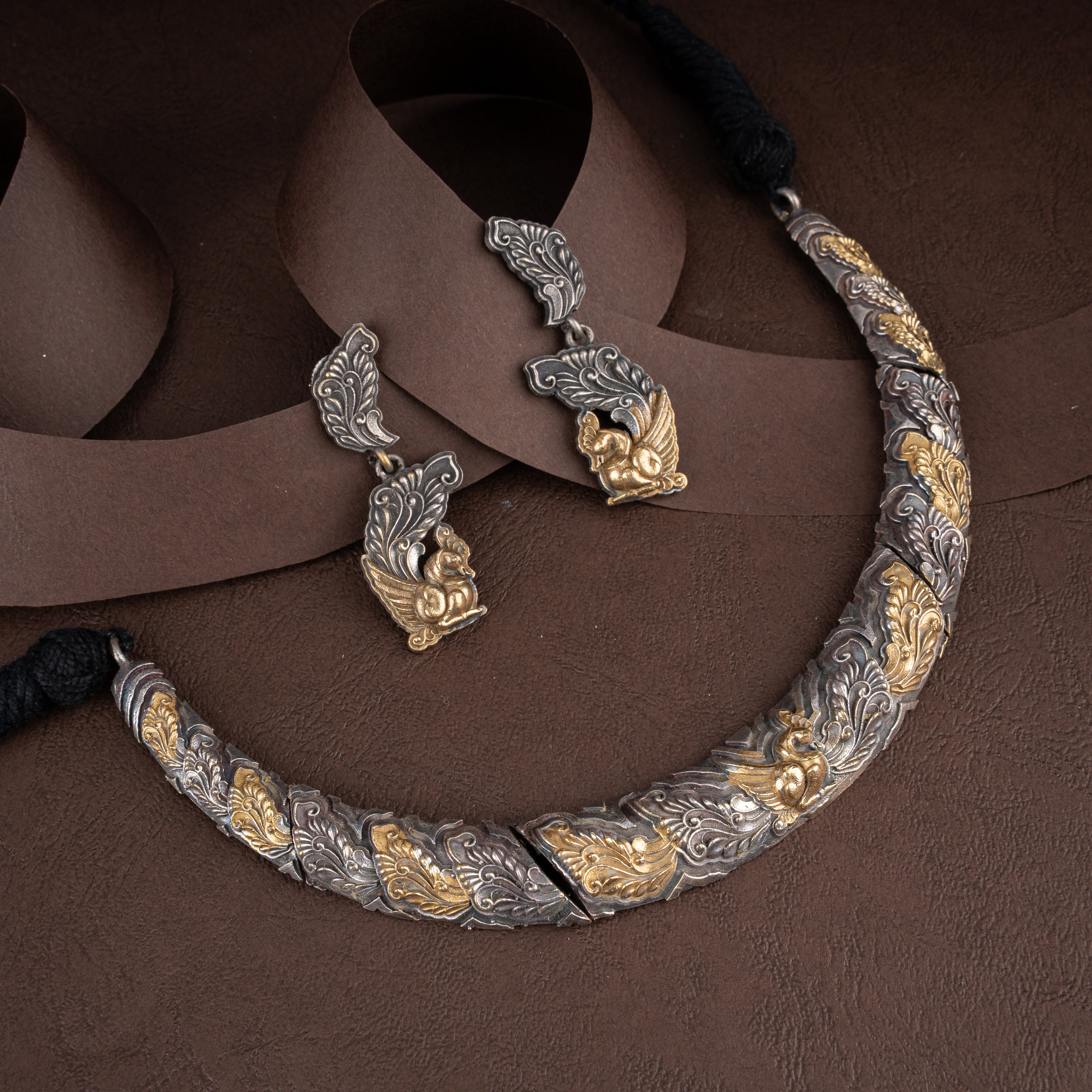 Royal Mayura Carved Crescent Hasli Necklace Set with Drop Earrings