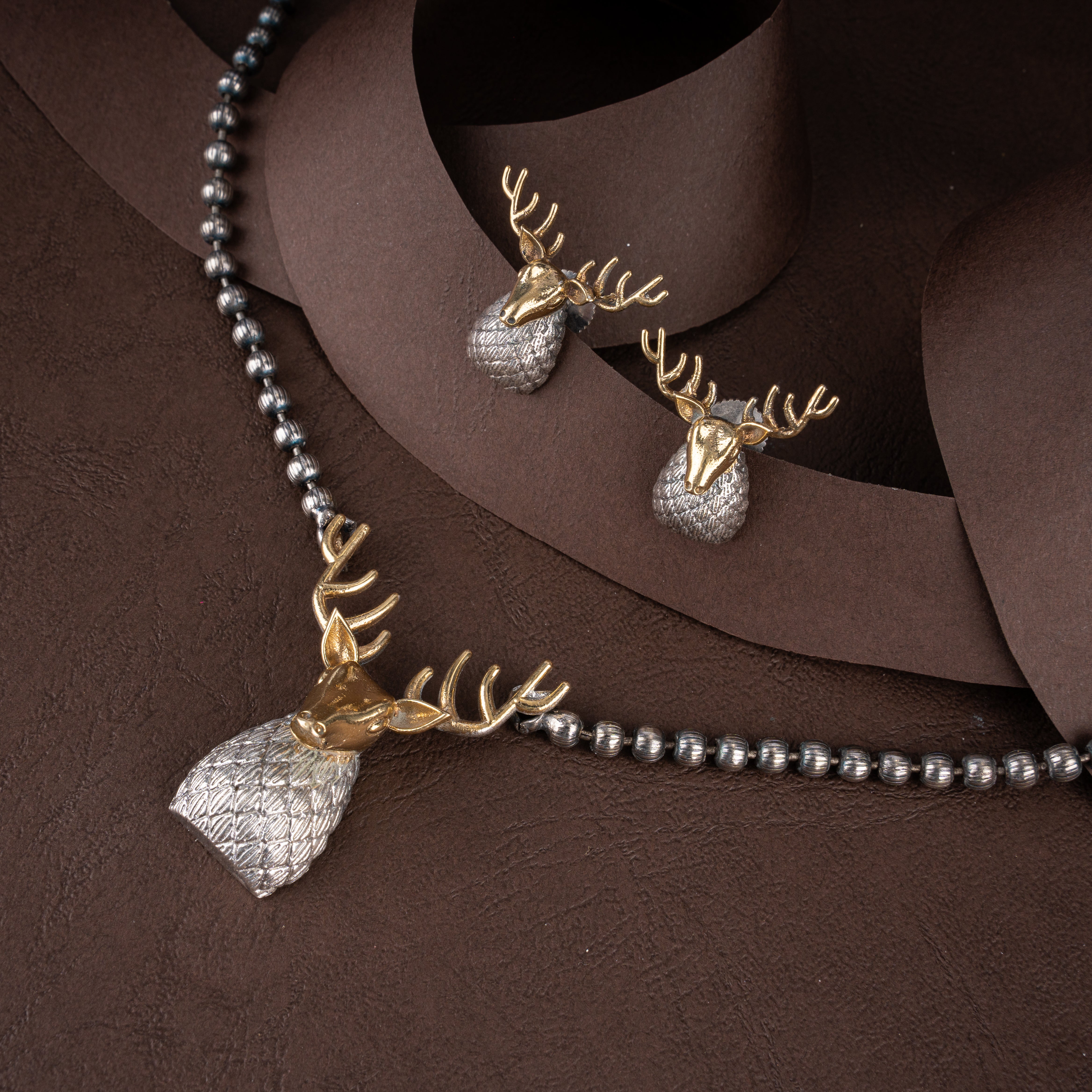 Dual-Tone Sculpted Stag Pendant Beaded Necklace Set with Stud Earrings
