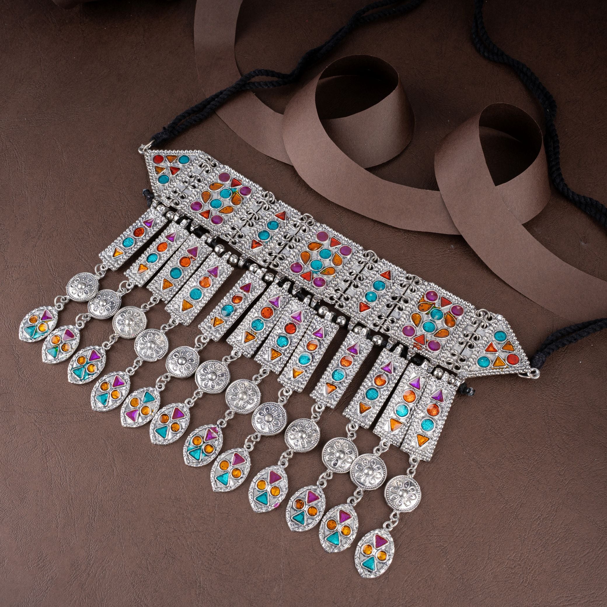 Oxidised Silver Afghani Fringe Choker Necklace with Gemstone Inlays