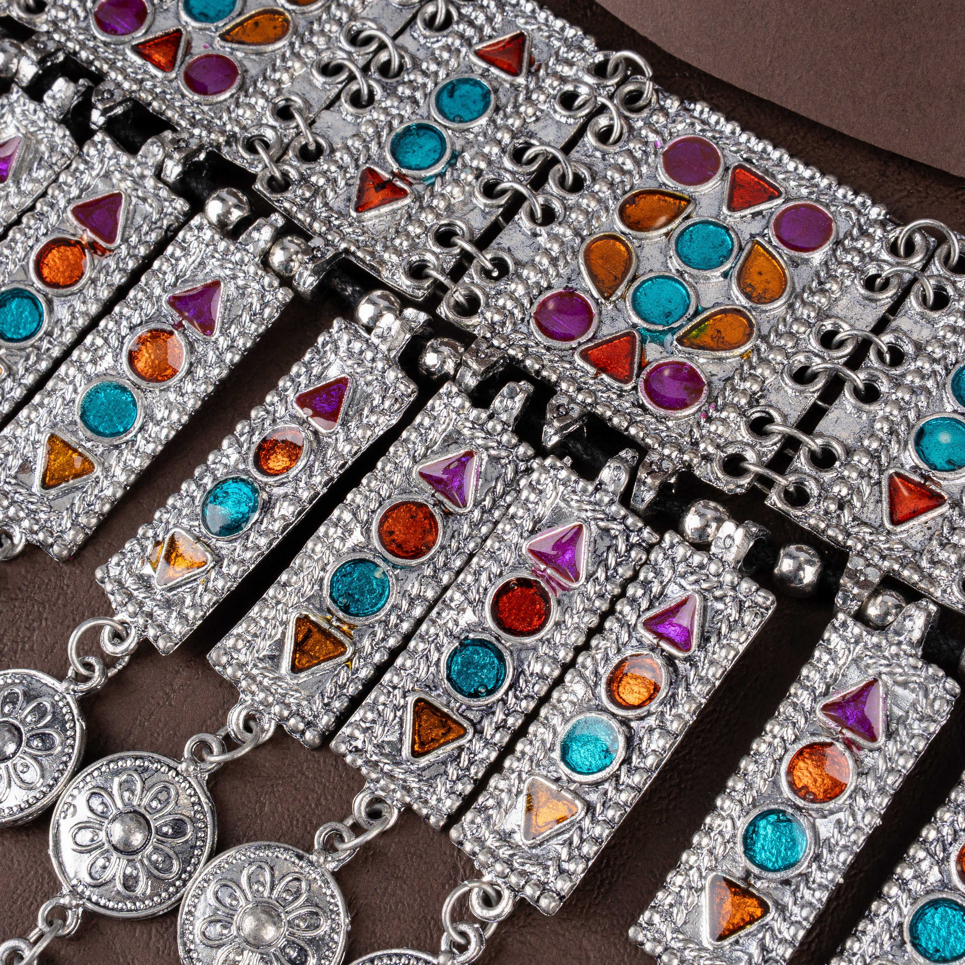 Oxidised Silver Afghani Fringe Choker Necklace with Gemstone Inlays