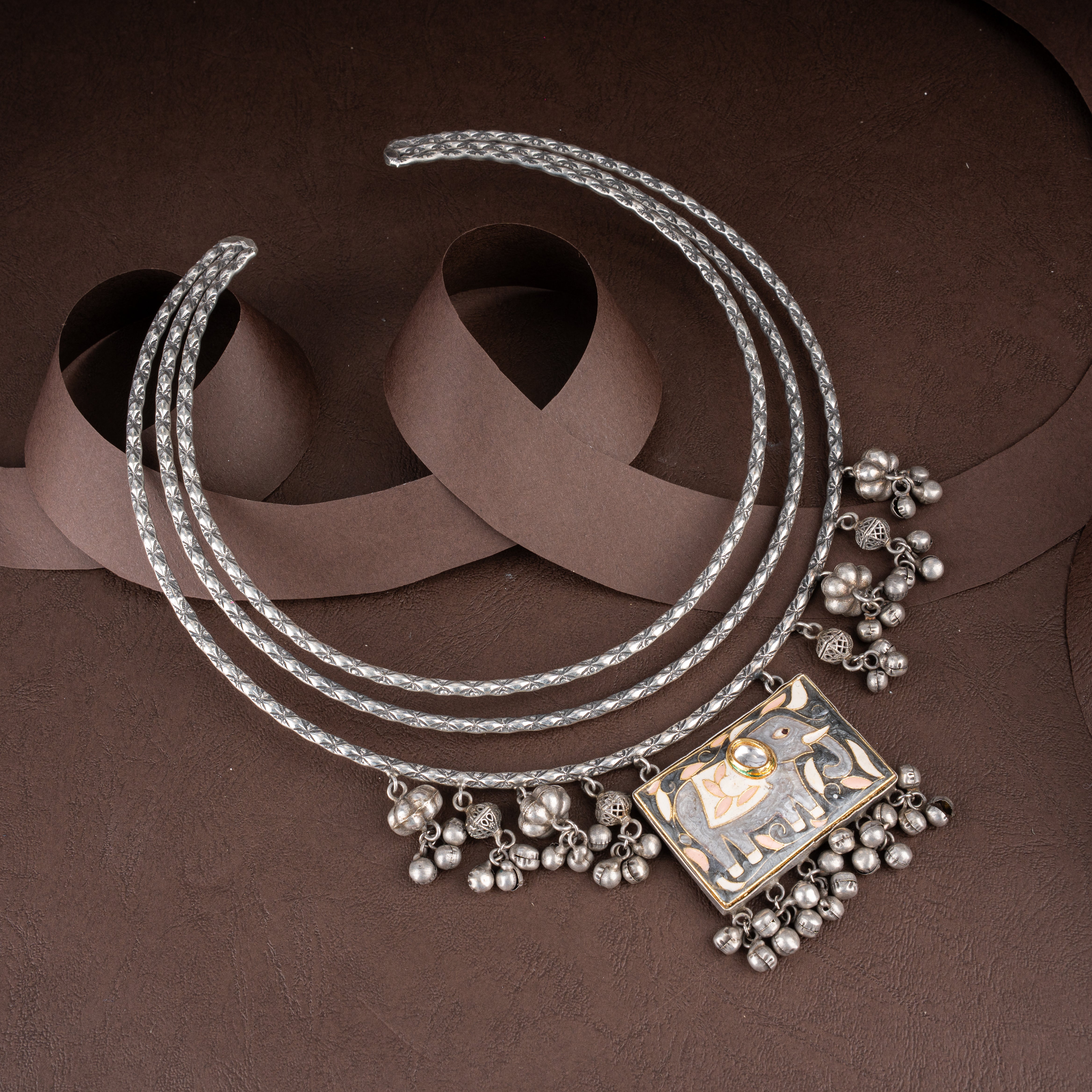 Oxidised Silver Triple-Tier Tribal Hasli Necklace Set with Royal Elephant Plaque