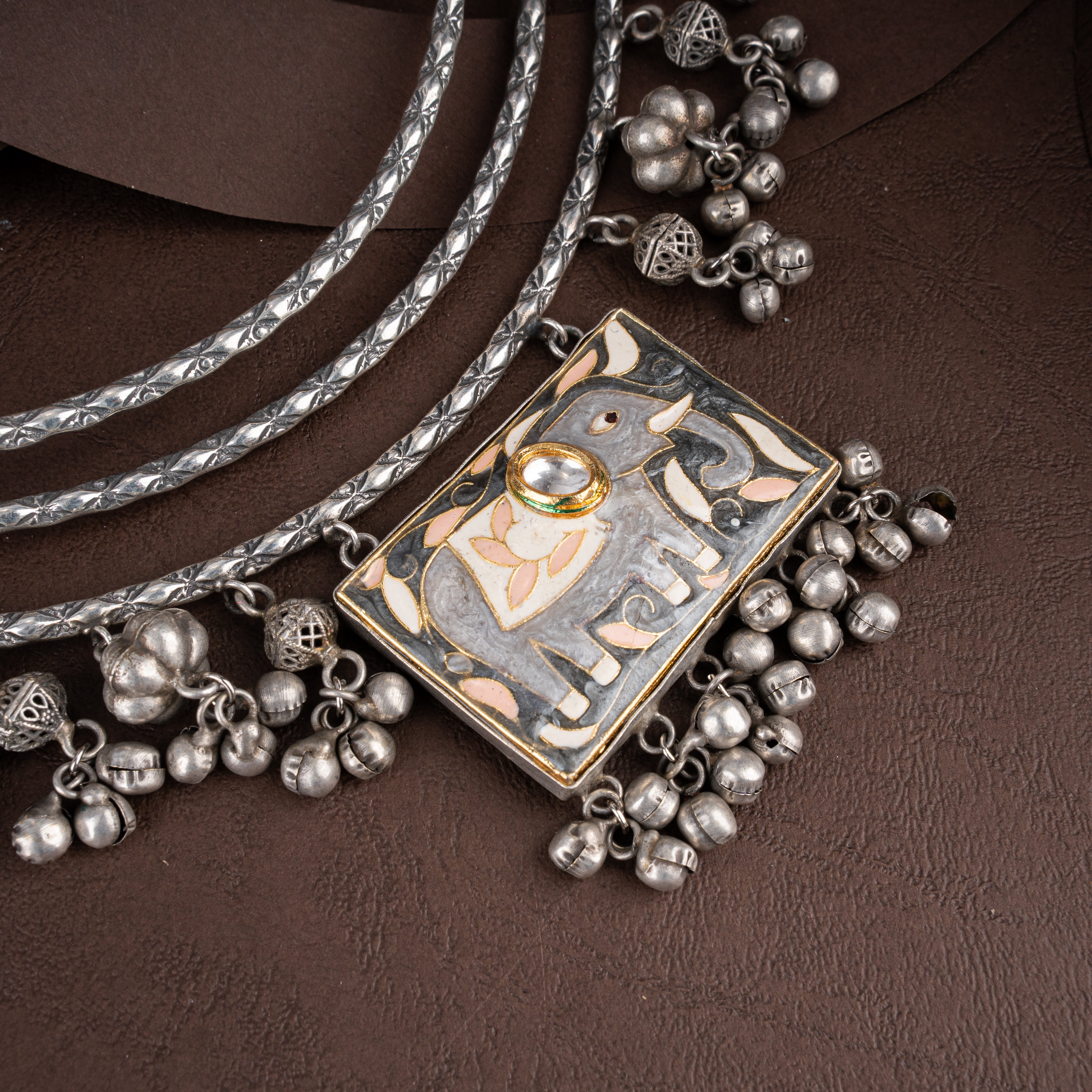Oxidised Silver Triple-Tier Tribal Hasli Necklace Set with Royal Elephant Plaque