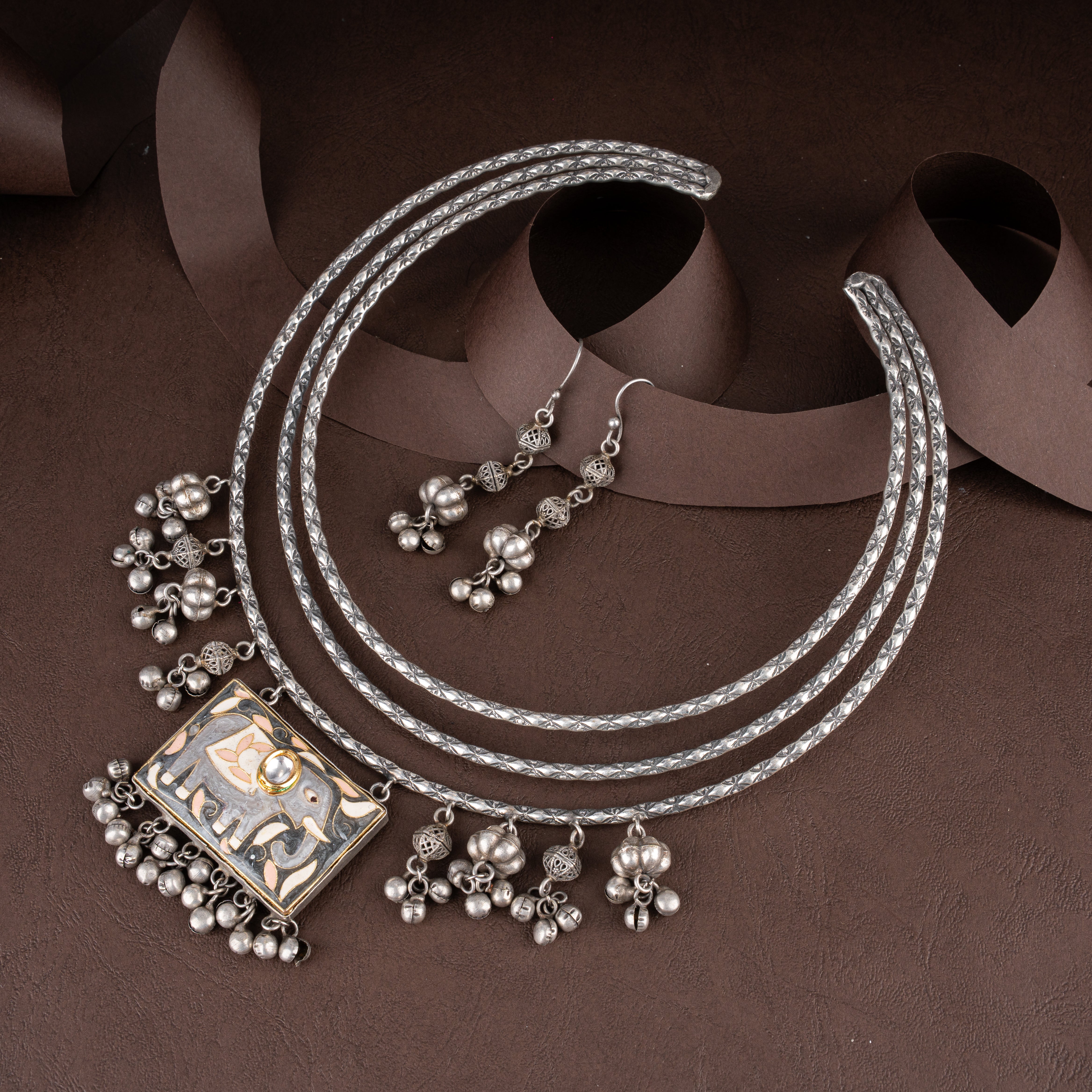 Oxidised Silver Triple-Tier Tribal Hasli Necklace Set with Royal Elephant Plaque