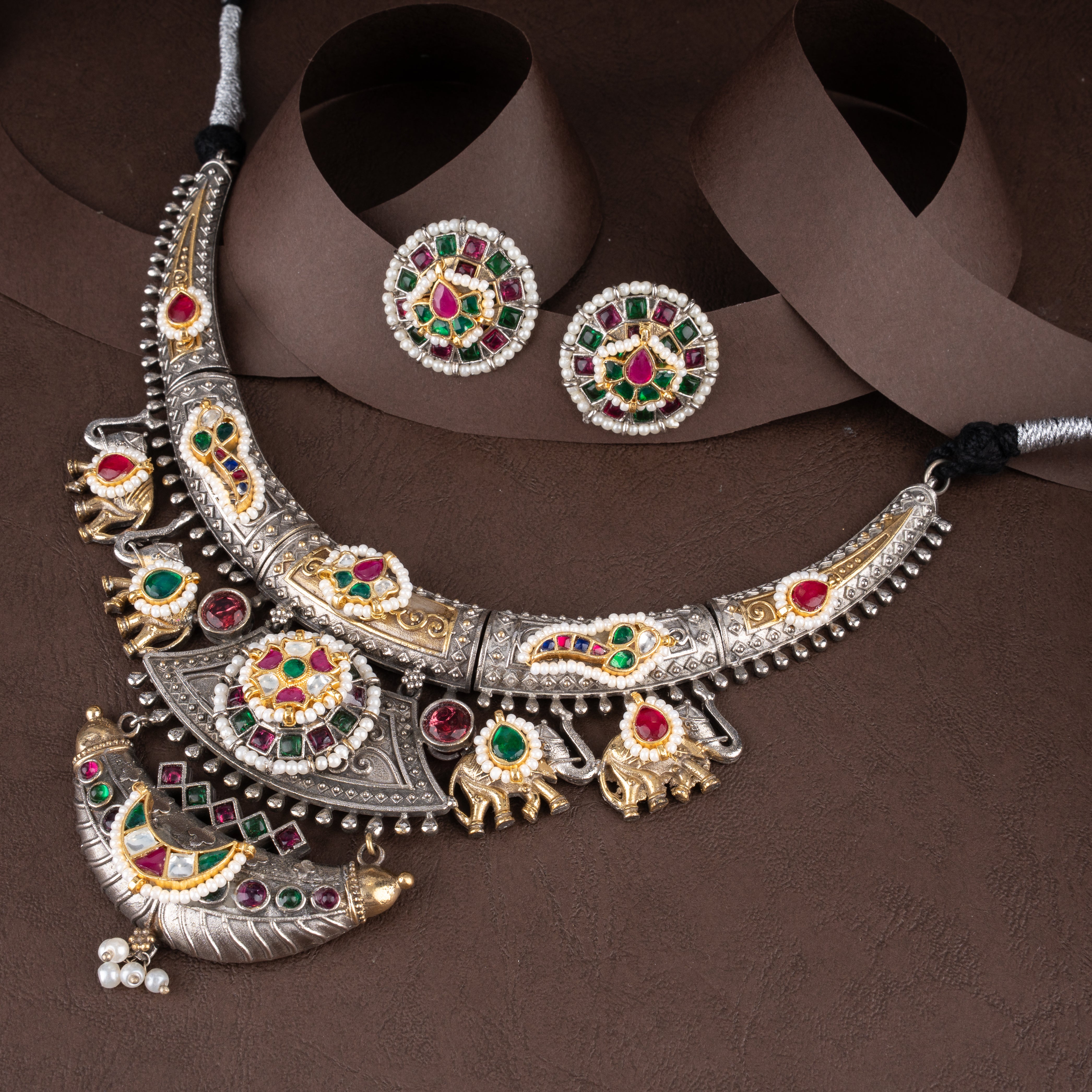 Royal Airavata Elephant Hasli Collar Necklace Set with Kundan Medallion & Crescent Drop