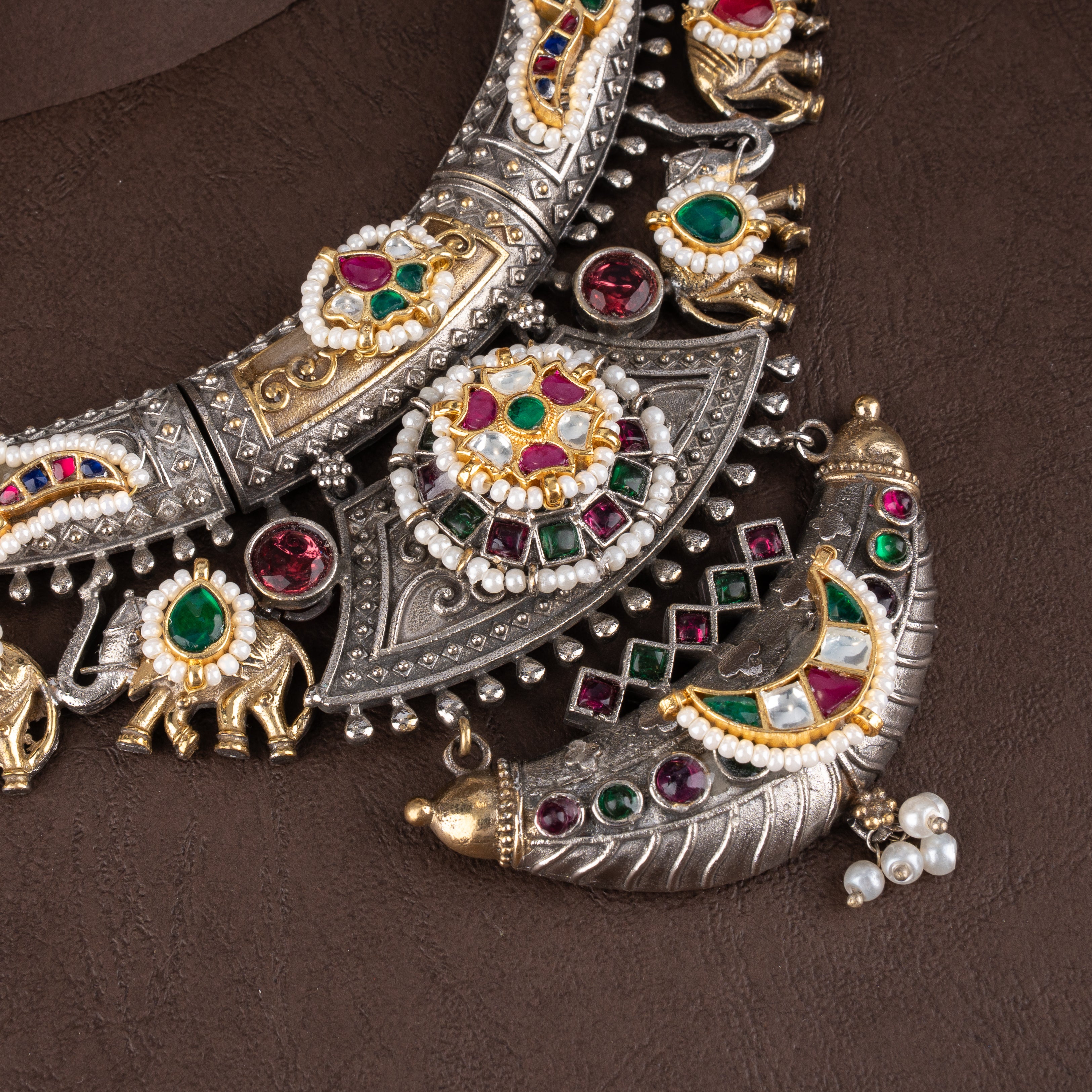 Royal Airavata Elephant Hasli Collar Necklace Set with Kundan Medallion & Crescent Drop