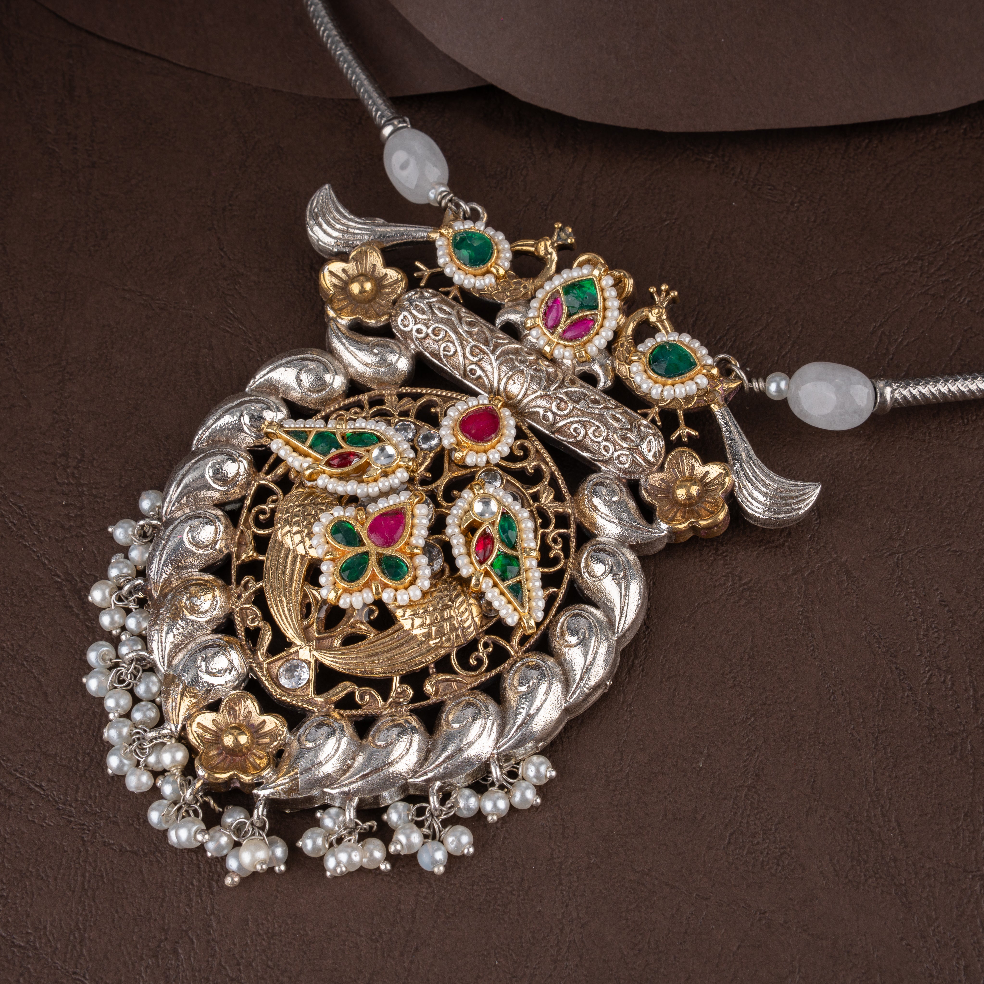 Royal Mayur Medallion Pendant Necklace Set with Kundan Stones and Jhumkas