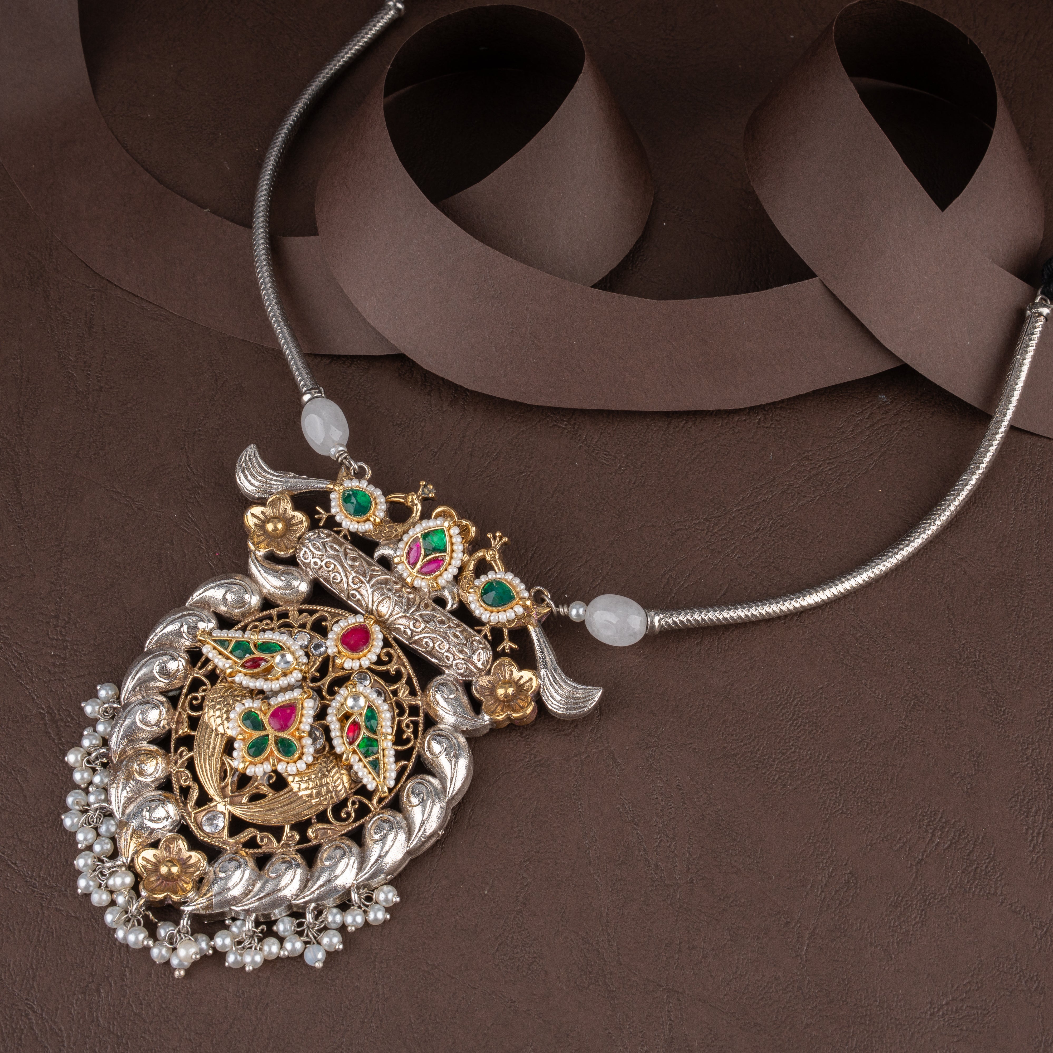Royal Mayur Medallion Pendant Necklace Set with Kundan Stones and Jhumkas