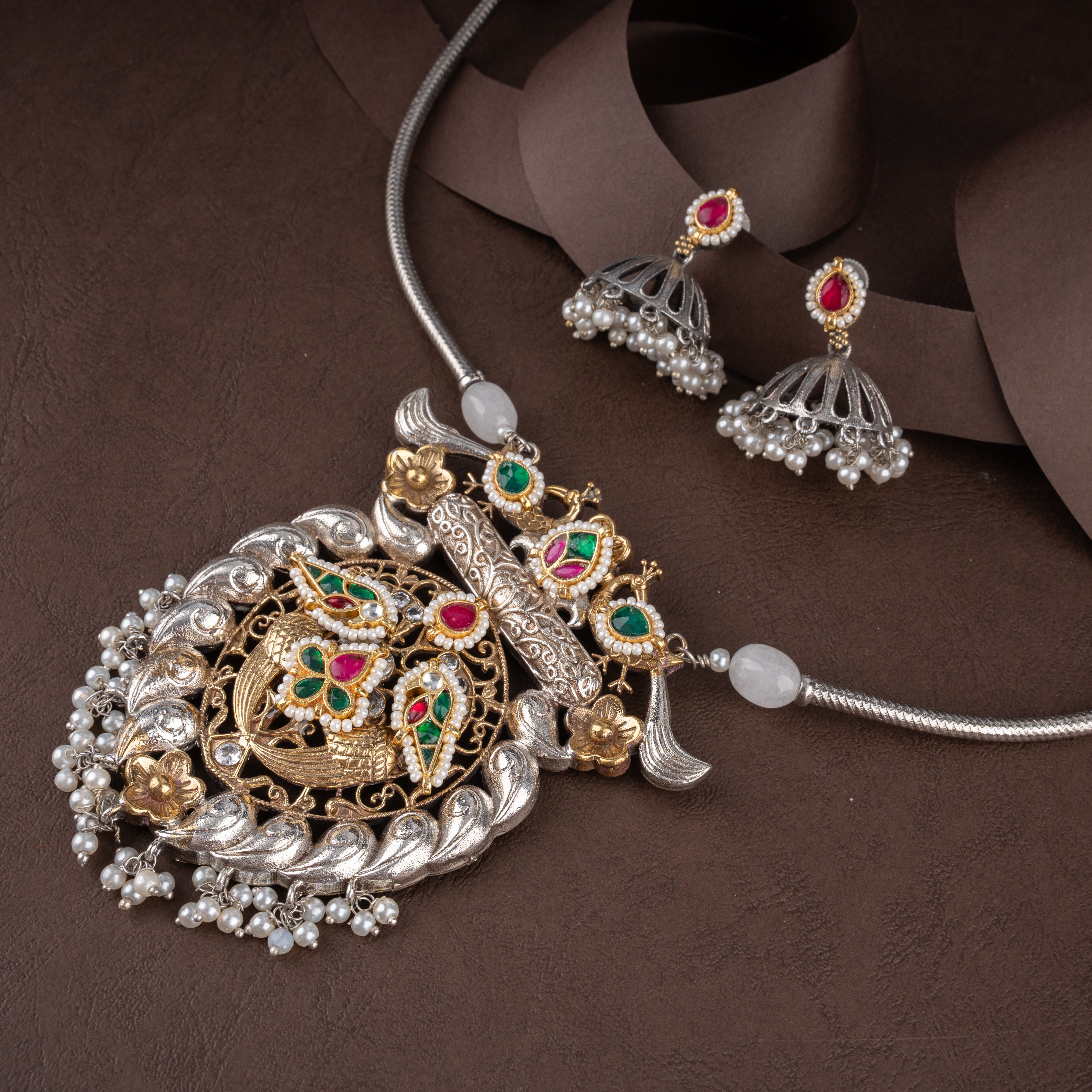 Royal Mayur Medallion Pendant Necklace Set with Kundan Stones and Jhumkas