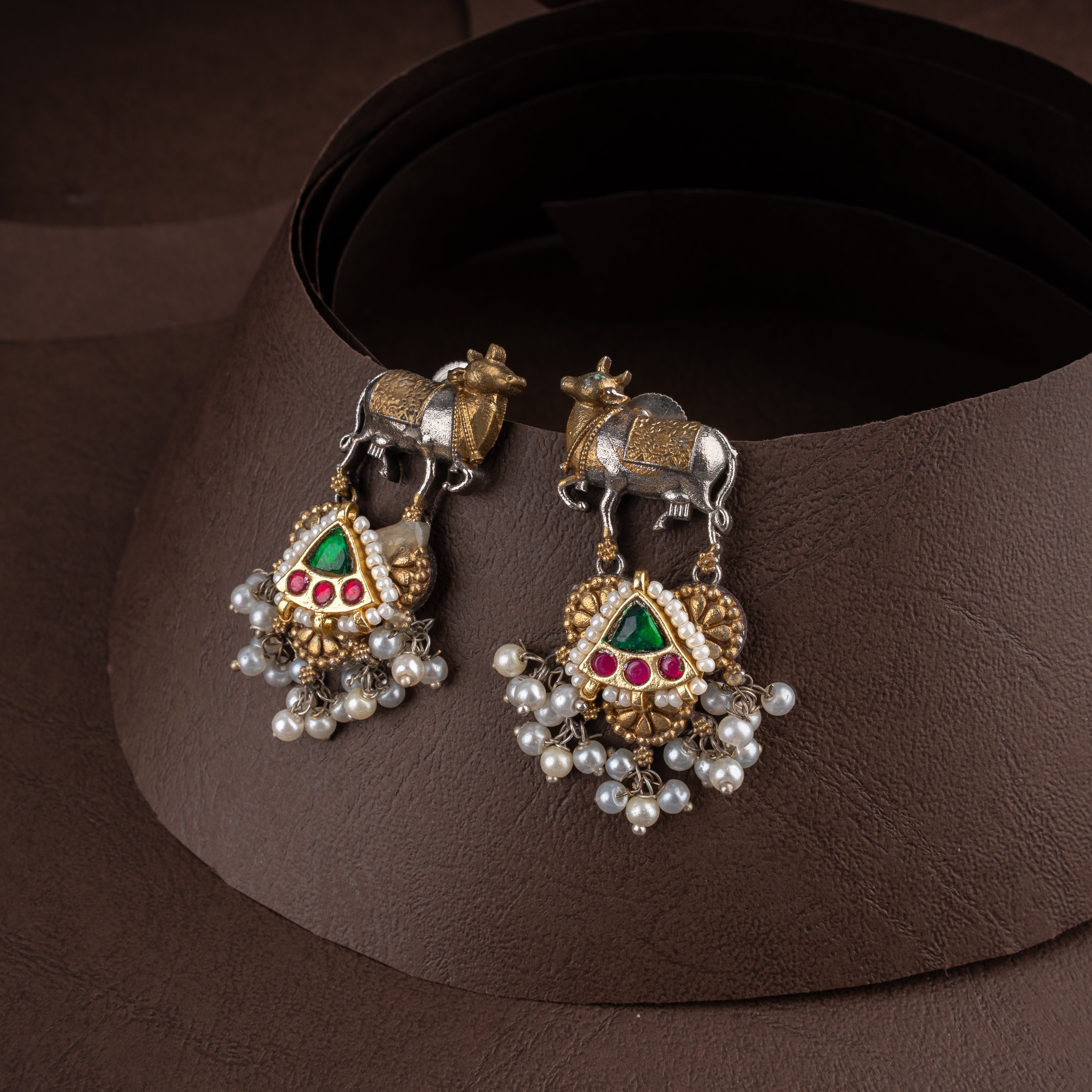 Oxidised Kamadhenu Cow Choker Necklace Set with Kundan Work and Pearl Drops