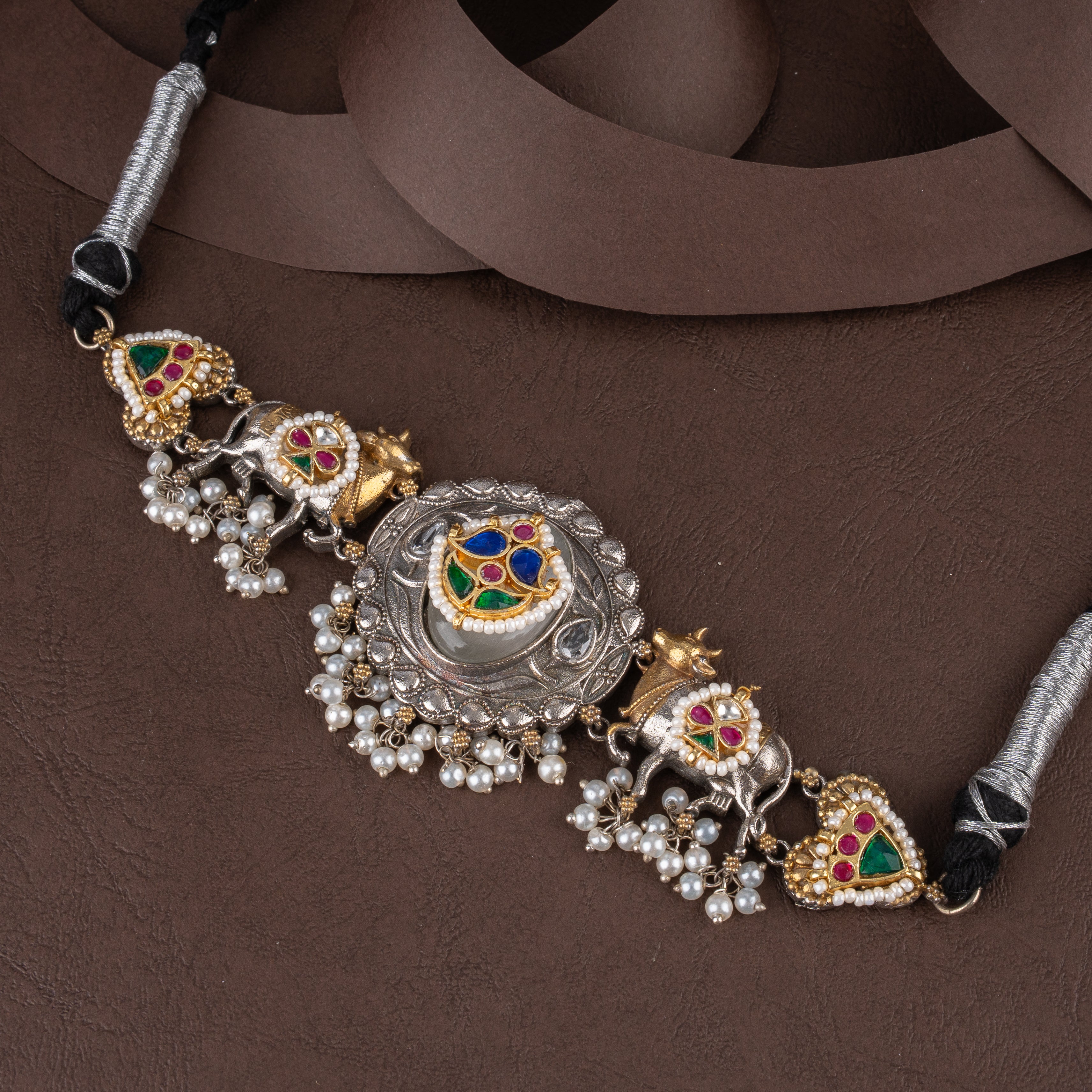 Oxidised Kamadhenu Cow Choker Necklace Set with Kundan Work and Pearl Drops