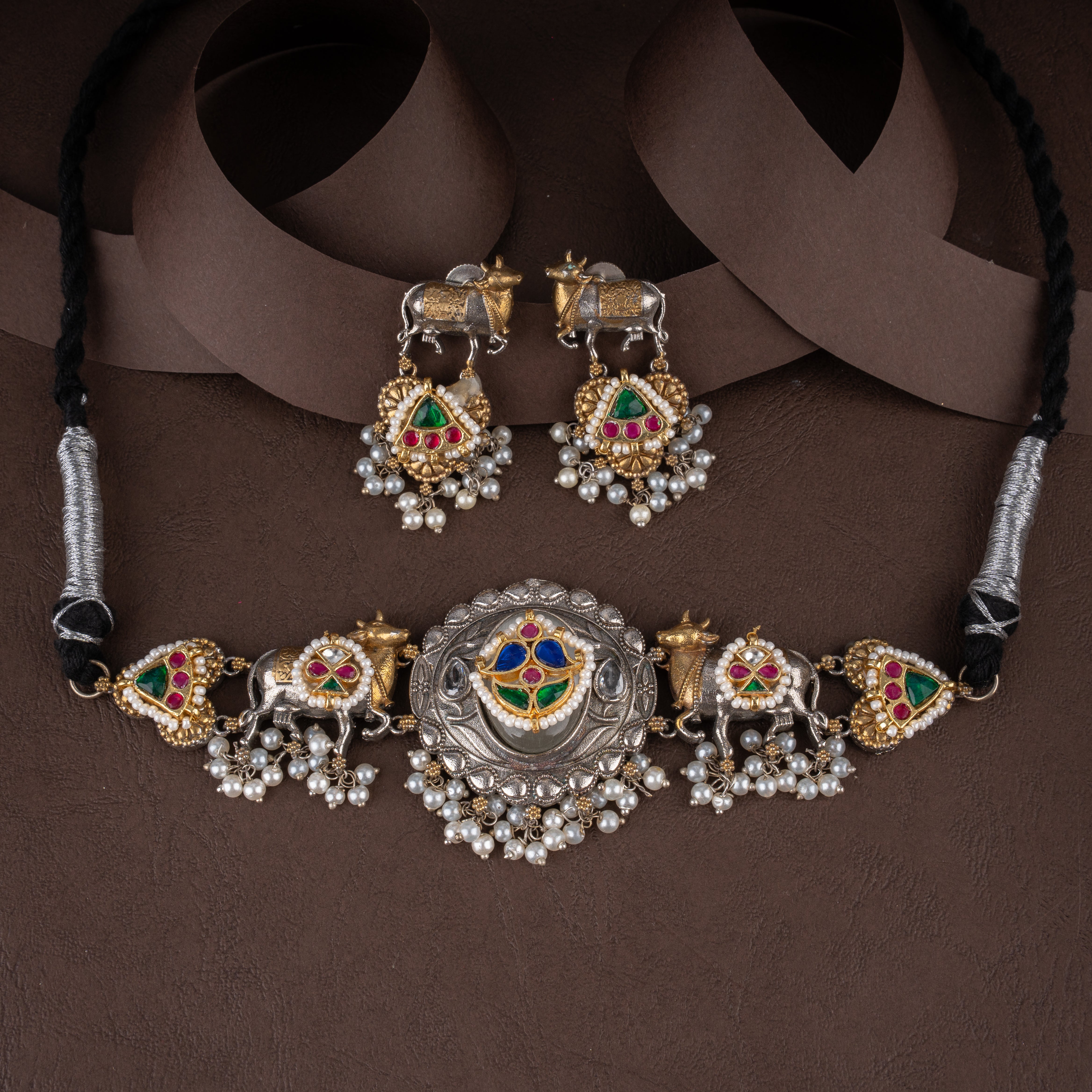 Oxidised Kamadhenu Cow Choker Necklace Set with Kundan Work and Pearl Drops