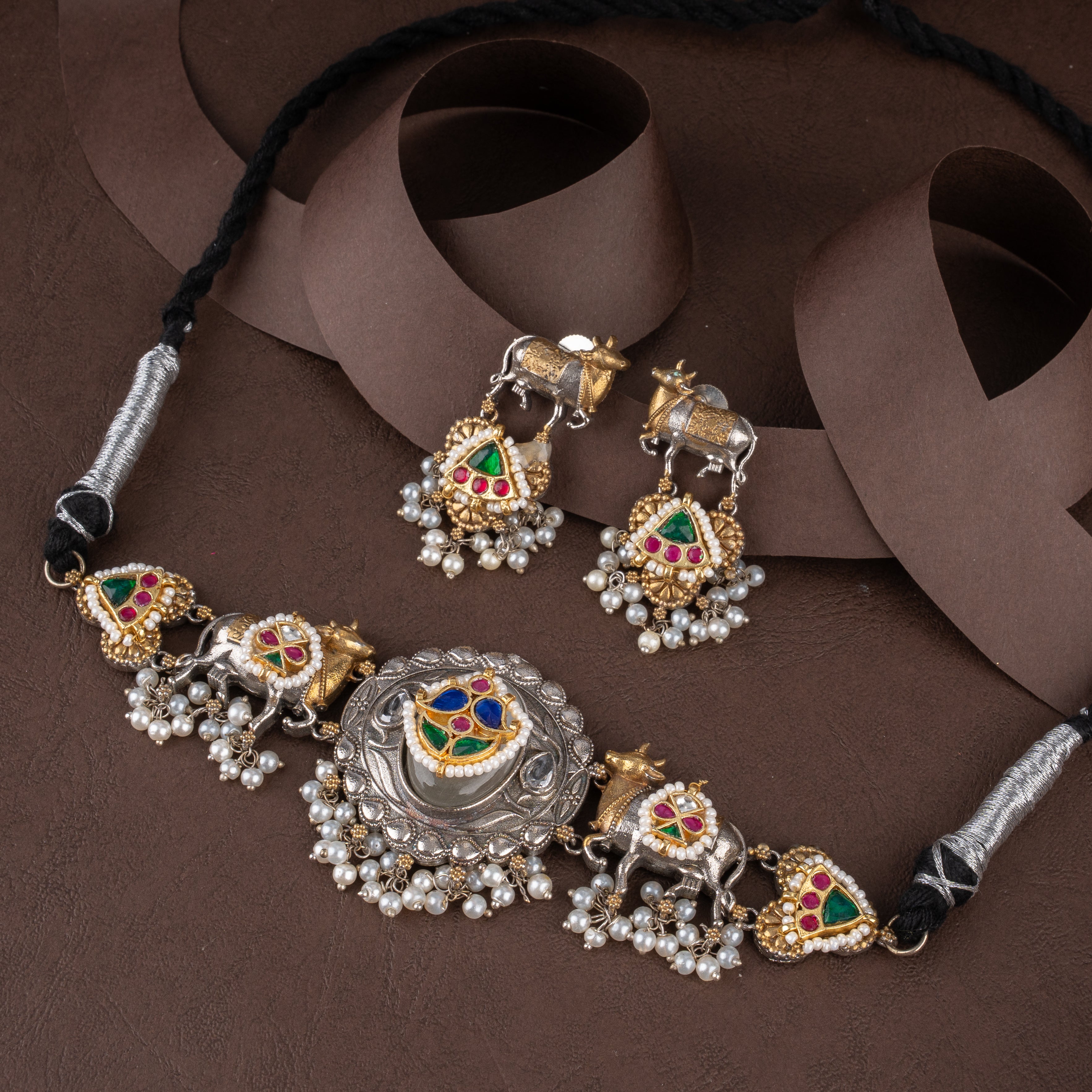 Oxidised Kamadhenu Cow Choker Necklace Set with Kundan Work and Pearl Drops