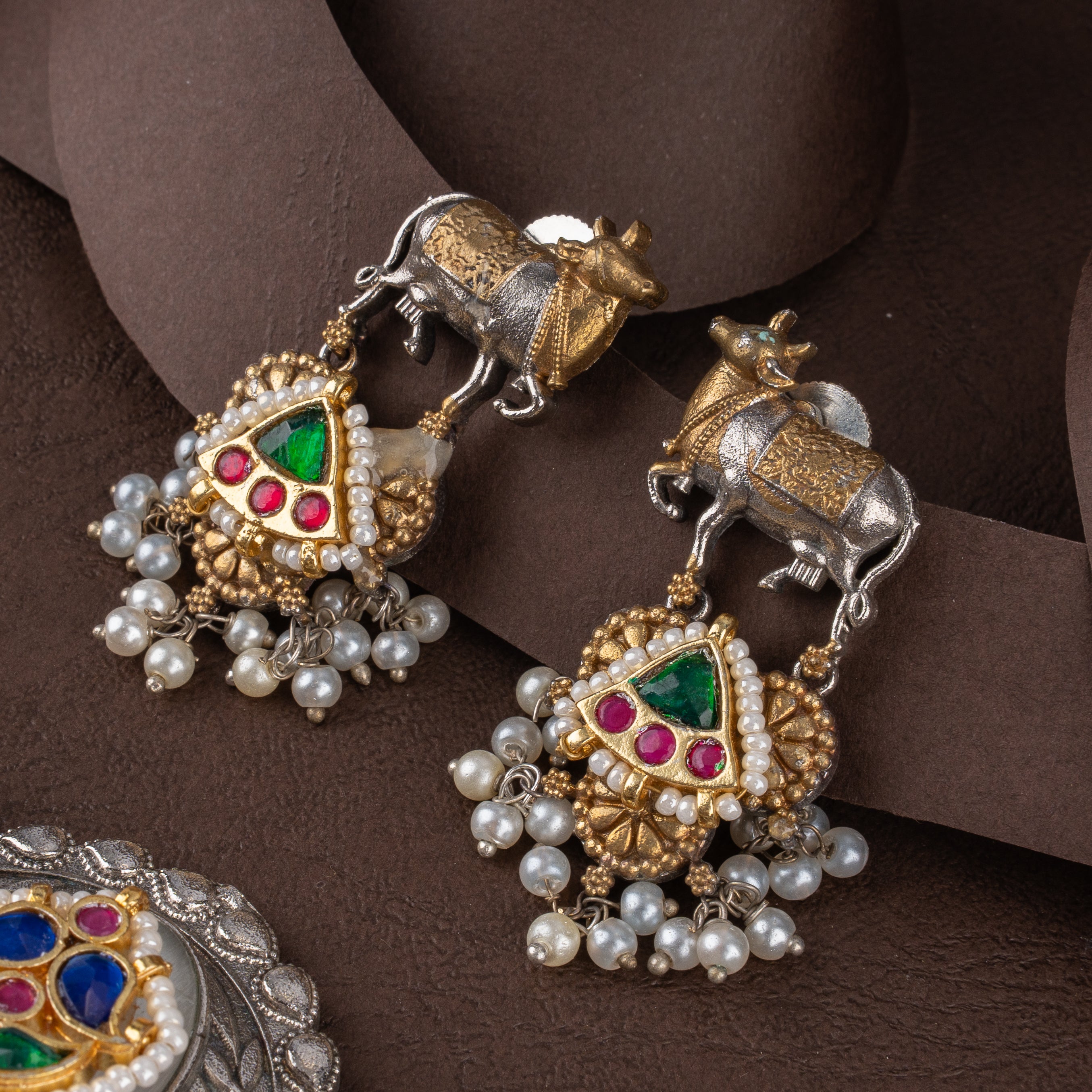 Oxidised Kamadhenu Cow Choker Necklace Set with Kundan Work and Pearl Drops