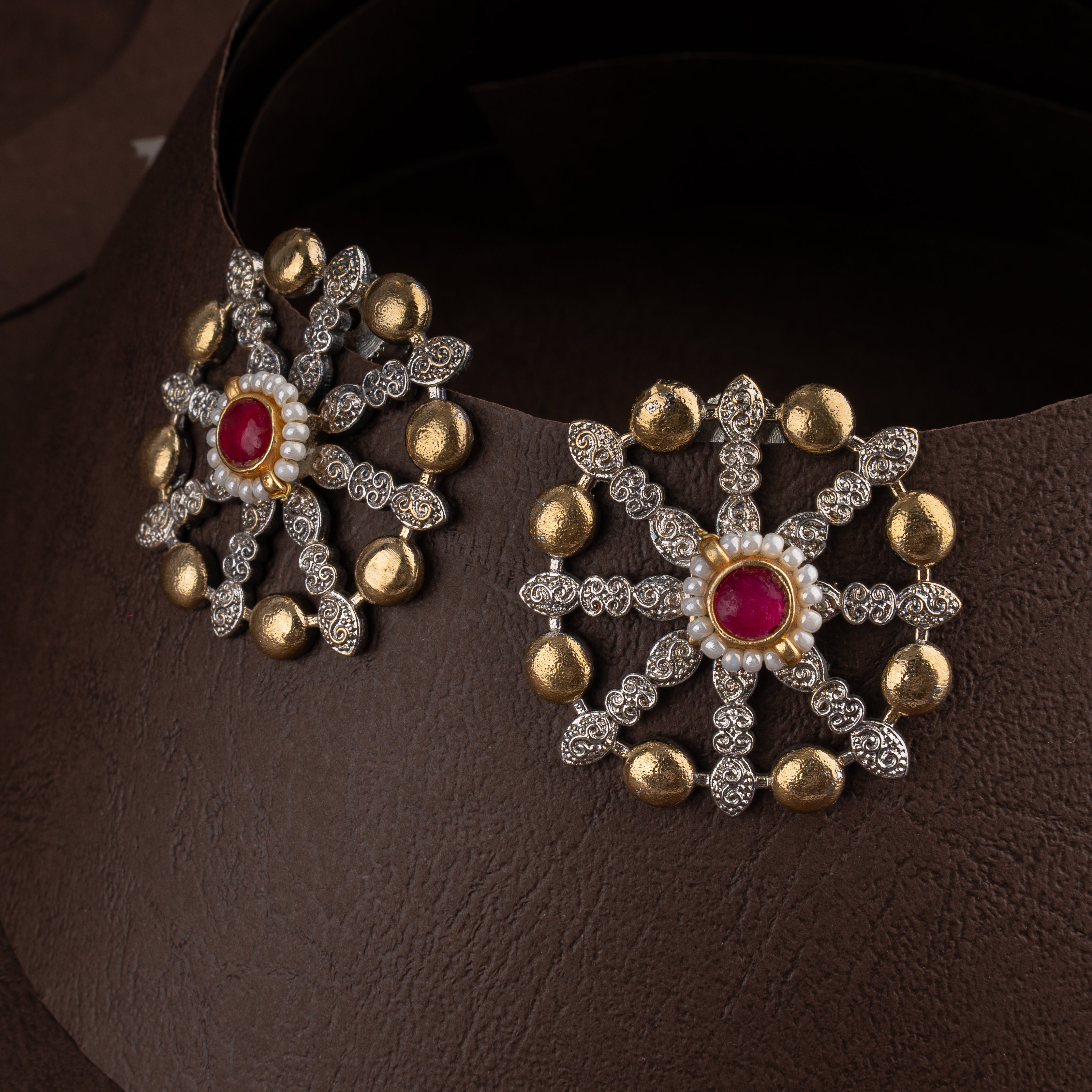 Oxidised Tribal Spike Fringe Choker Necklace Set with Kundan Medallions and Wheel Studs