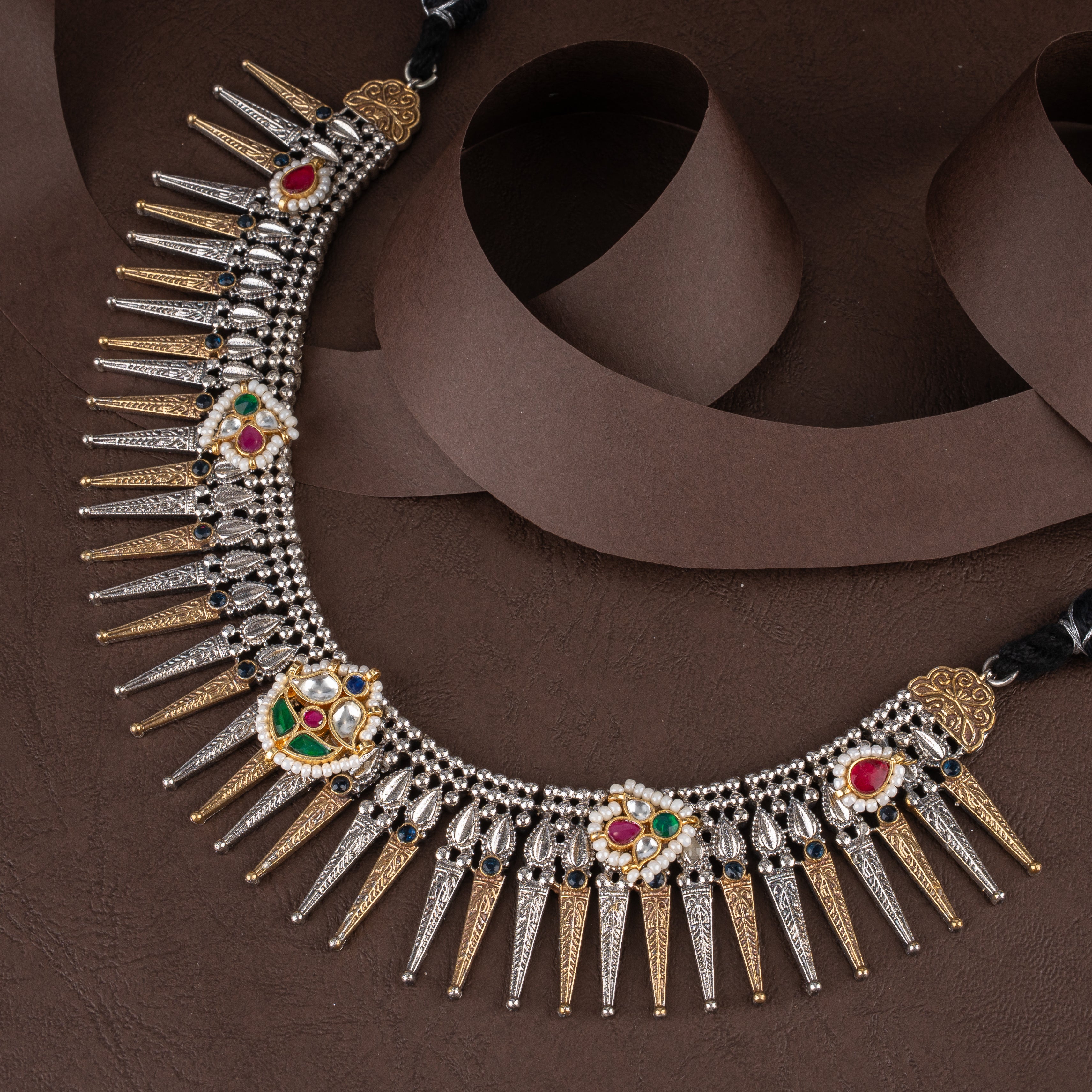 Oxidised Tribal Spike Fringe Choker Necklace Set with Kundan Medallions and Wheel Studs