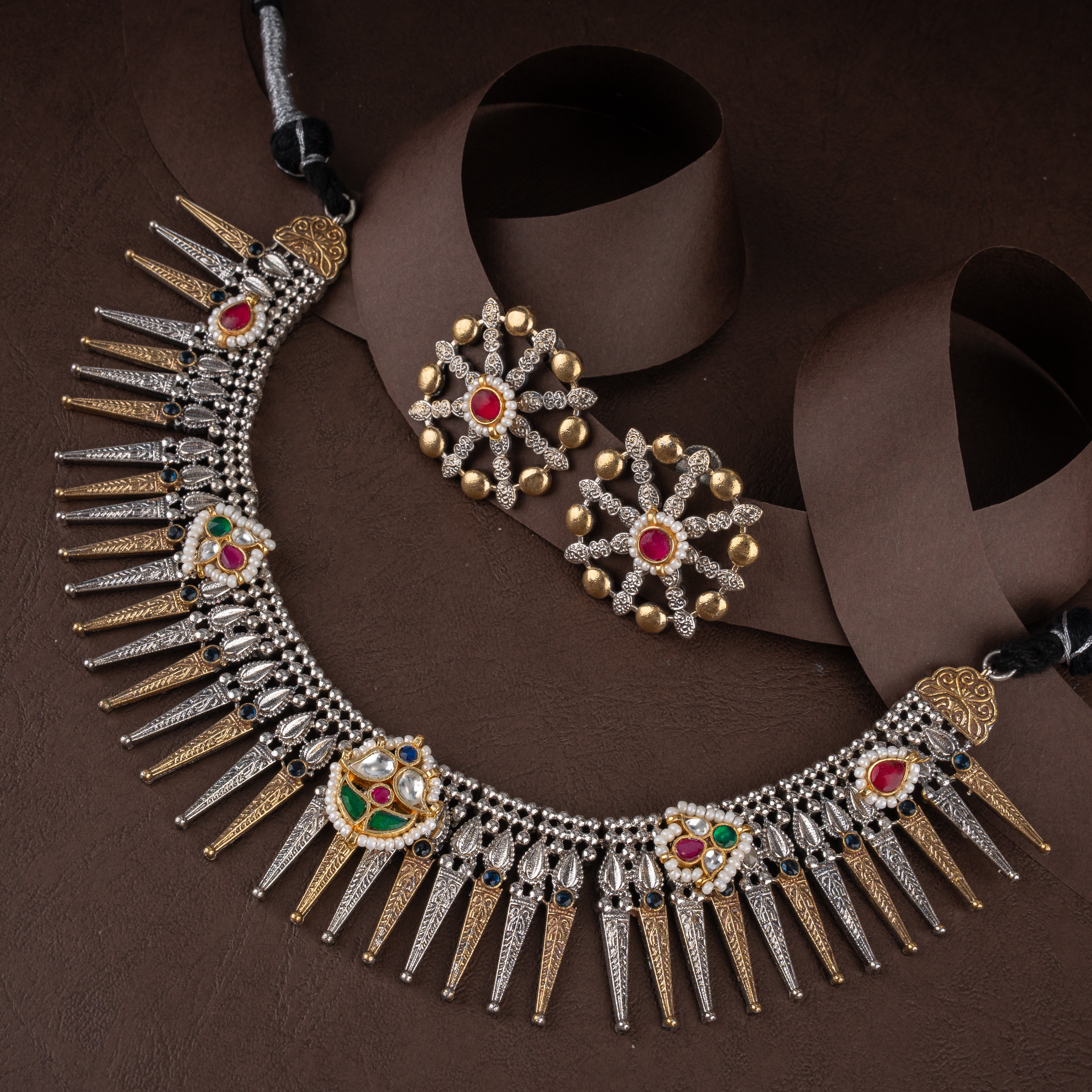 Oxidised Tribal Spike Fringe Choker Necklace Set with Kundan Medallions and Wheel Studs