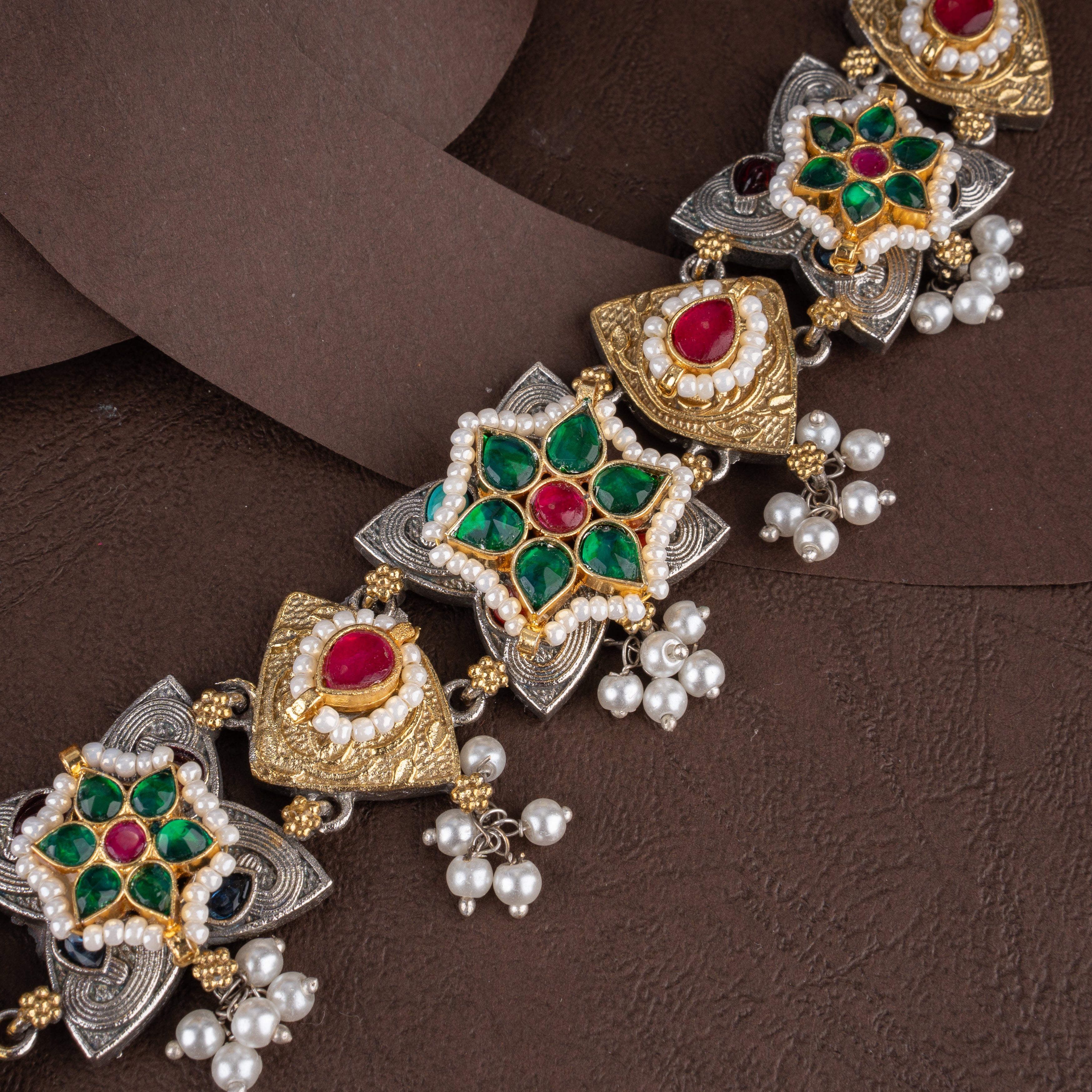 Oxidised Geometric Star Kundan Choker Necklace Set with Seed Pearl Clusters