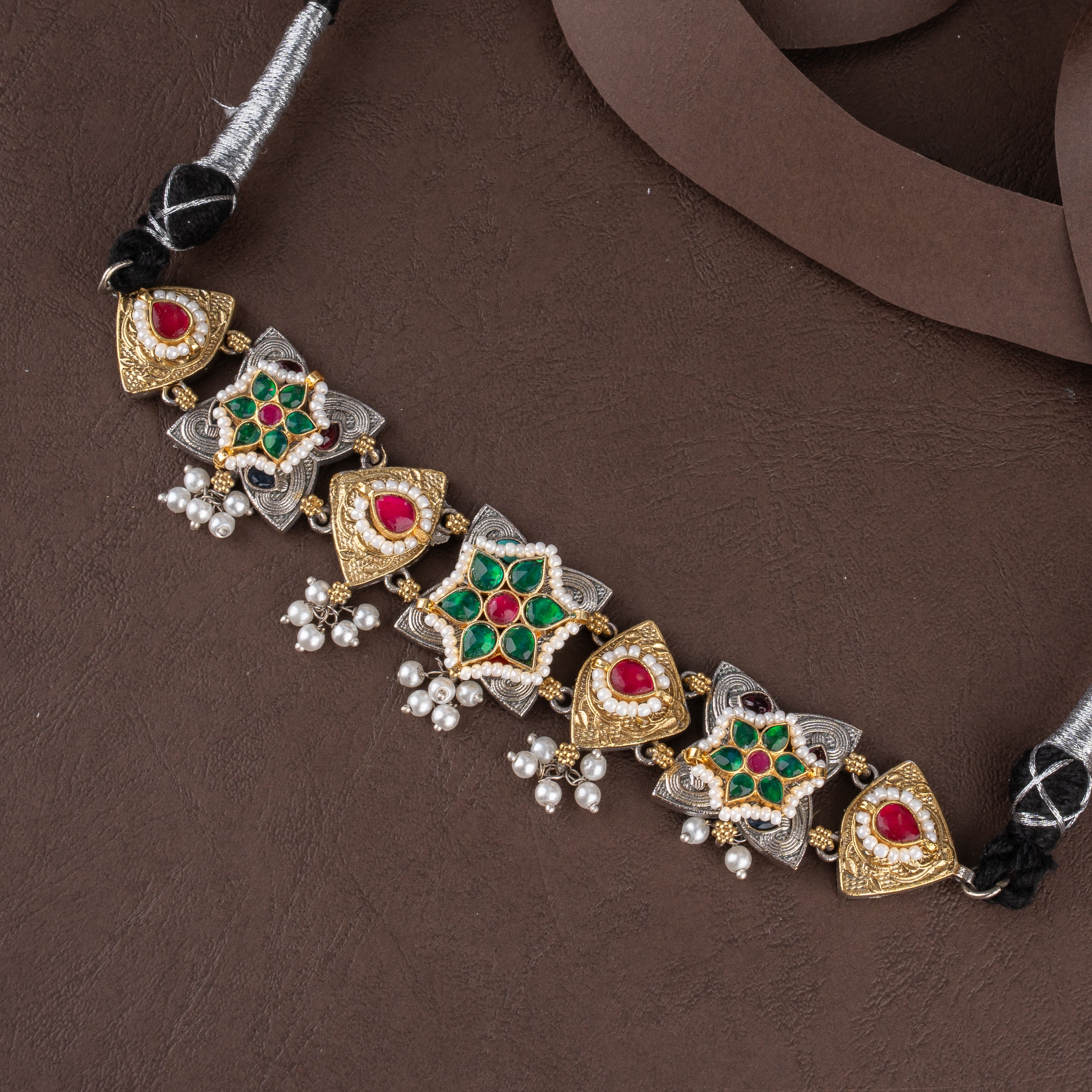 Oxidised Geometric Star Kundan Choker Necklace Set with Seed Pearl Clusters