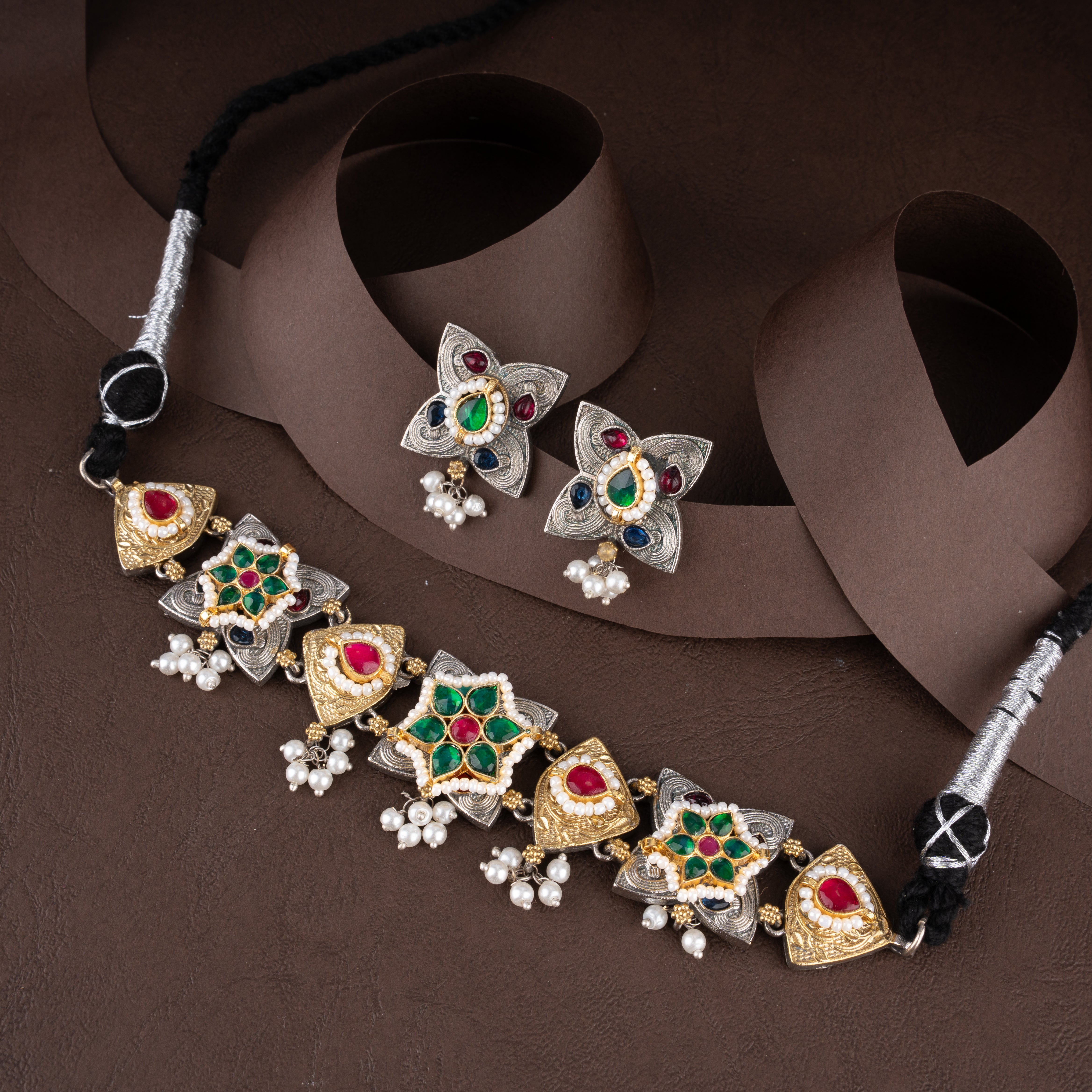 Oxidised Geometric Star Kundan Choker Necklace Set with Seed Pearl Clusters