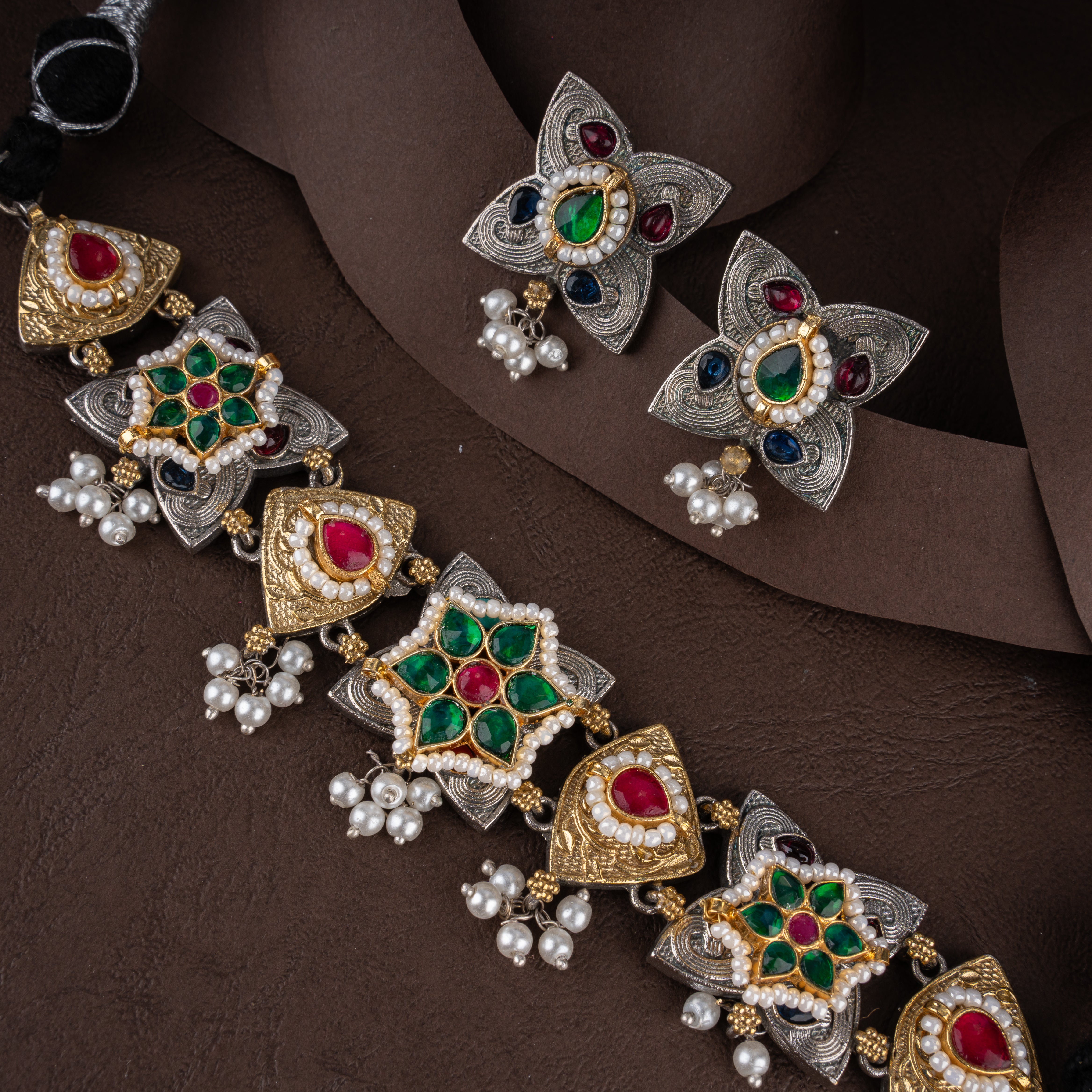 Oxidised Geometric Star Kundan Choker Necklace Set with Seed Pearl Clusters