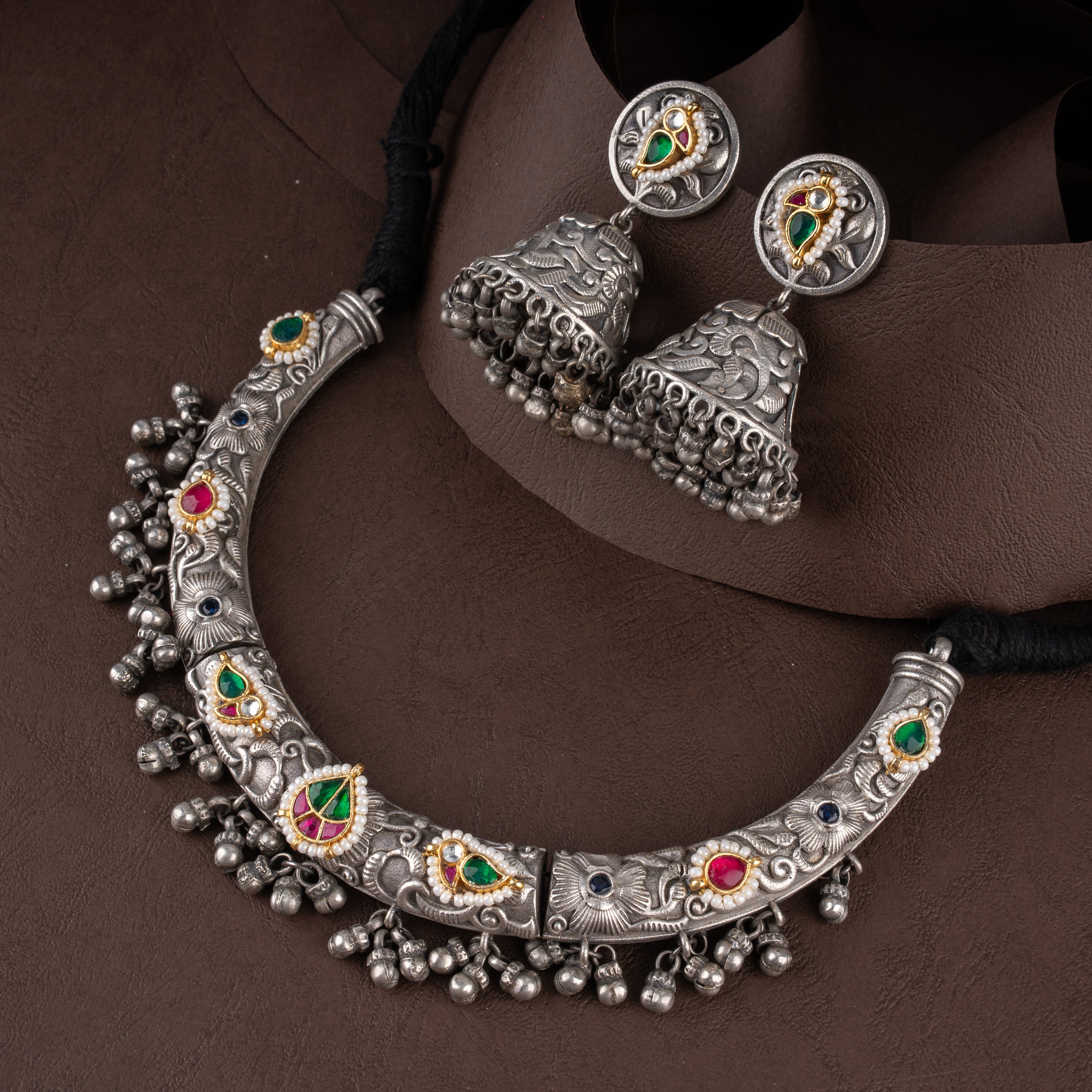 Carved Temple Hasli Collar Necklace Set with Kundan Leaf Motifs and Dome Jhumkas