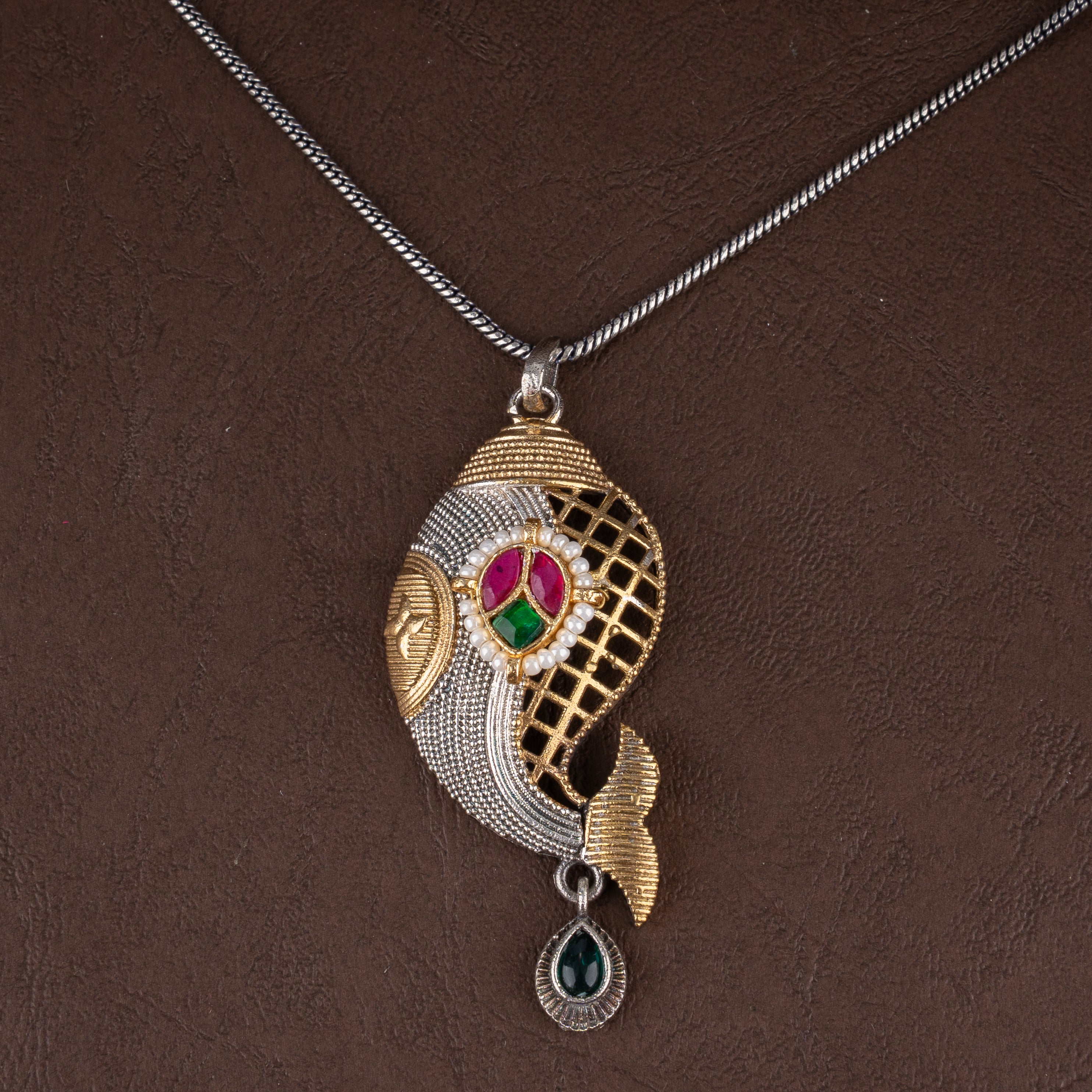 Oxidised Matsya Fish Motif Pendant Necklace Set with Kundan Work & Drop Earrings