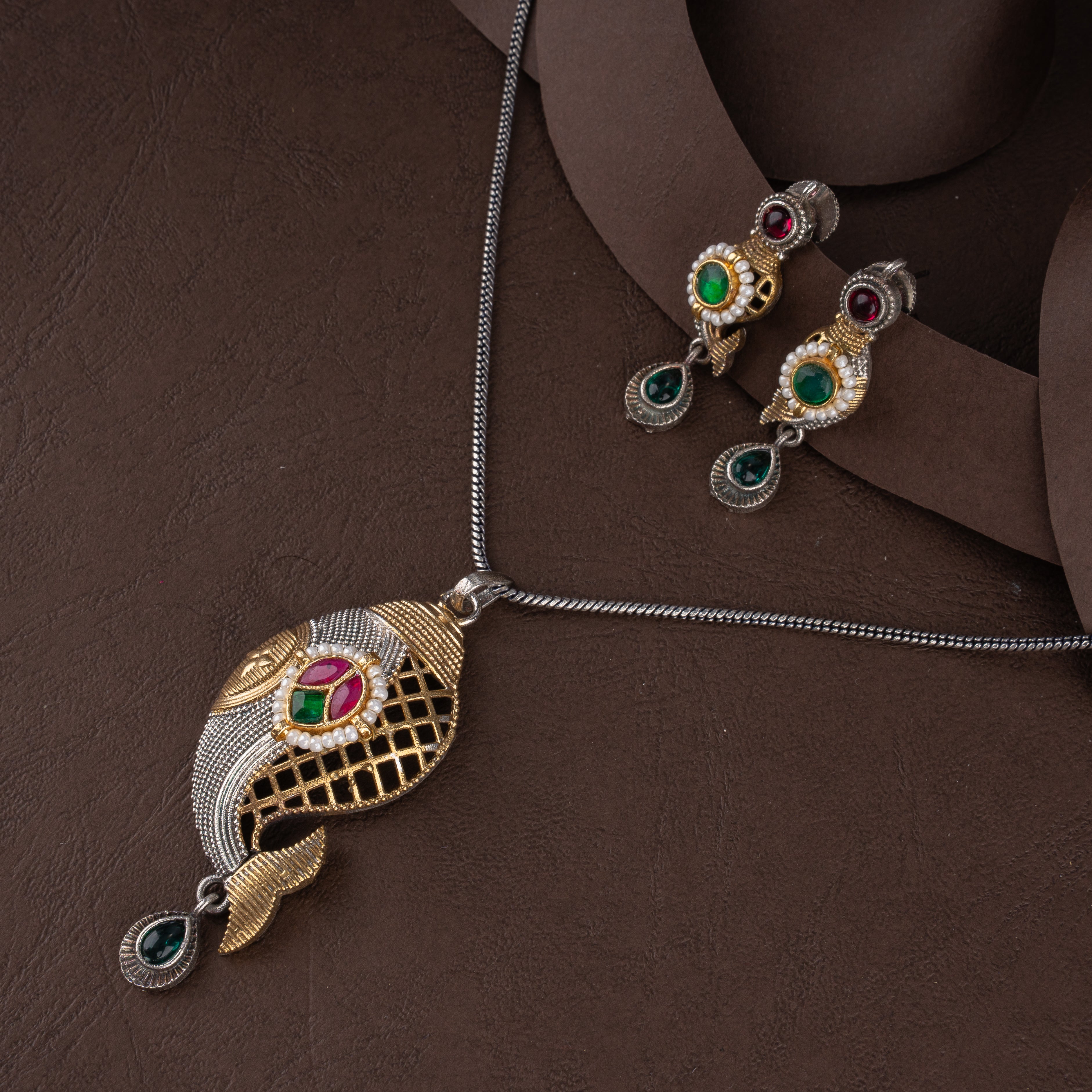 Oxidised Matsya Fish Motif Pendant Necklace Set with Kundan Work & Drop Earrings
