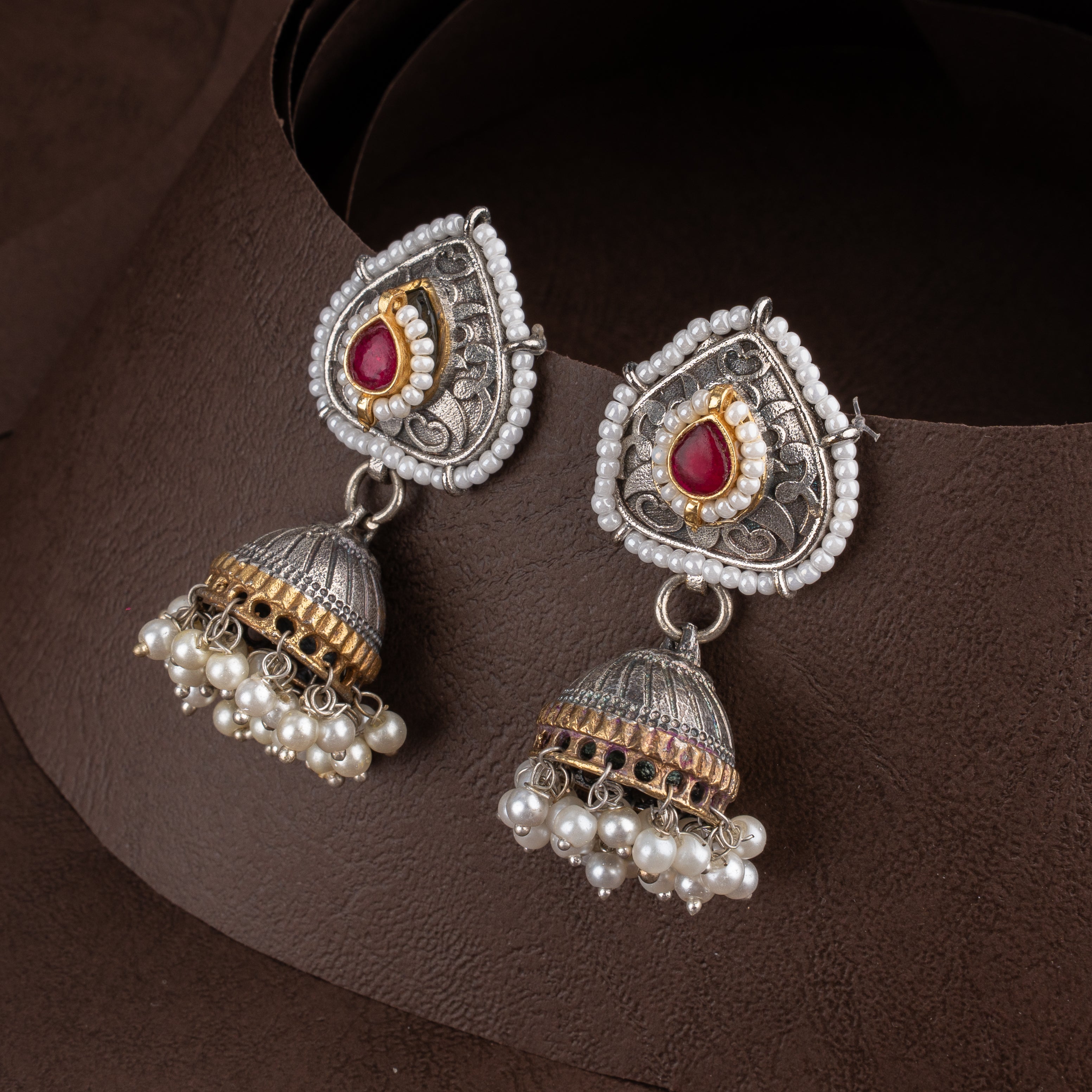 Oxidised Kundan Teardrop Choker Necklace Set with Gemstone Beads & Dome Jhumkas